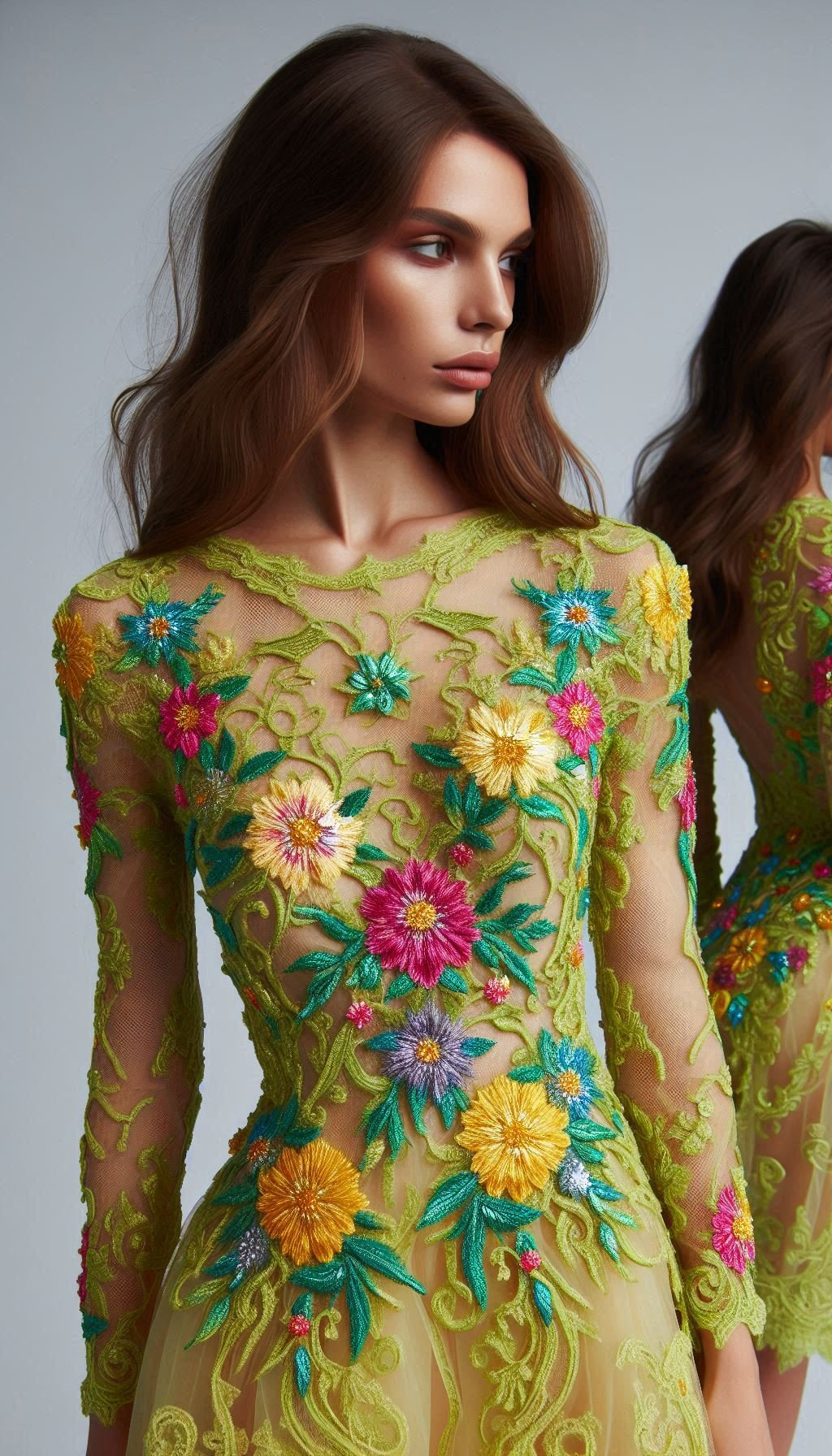 105 Enchanting Floral Lace Embroidered Dress Ideas | Pocoko Make a lasting impression with this lemon green dress, adorned with intricate colorful floral lace embroidery. A vibrant and elegant choice for any event!