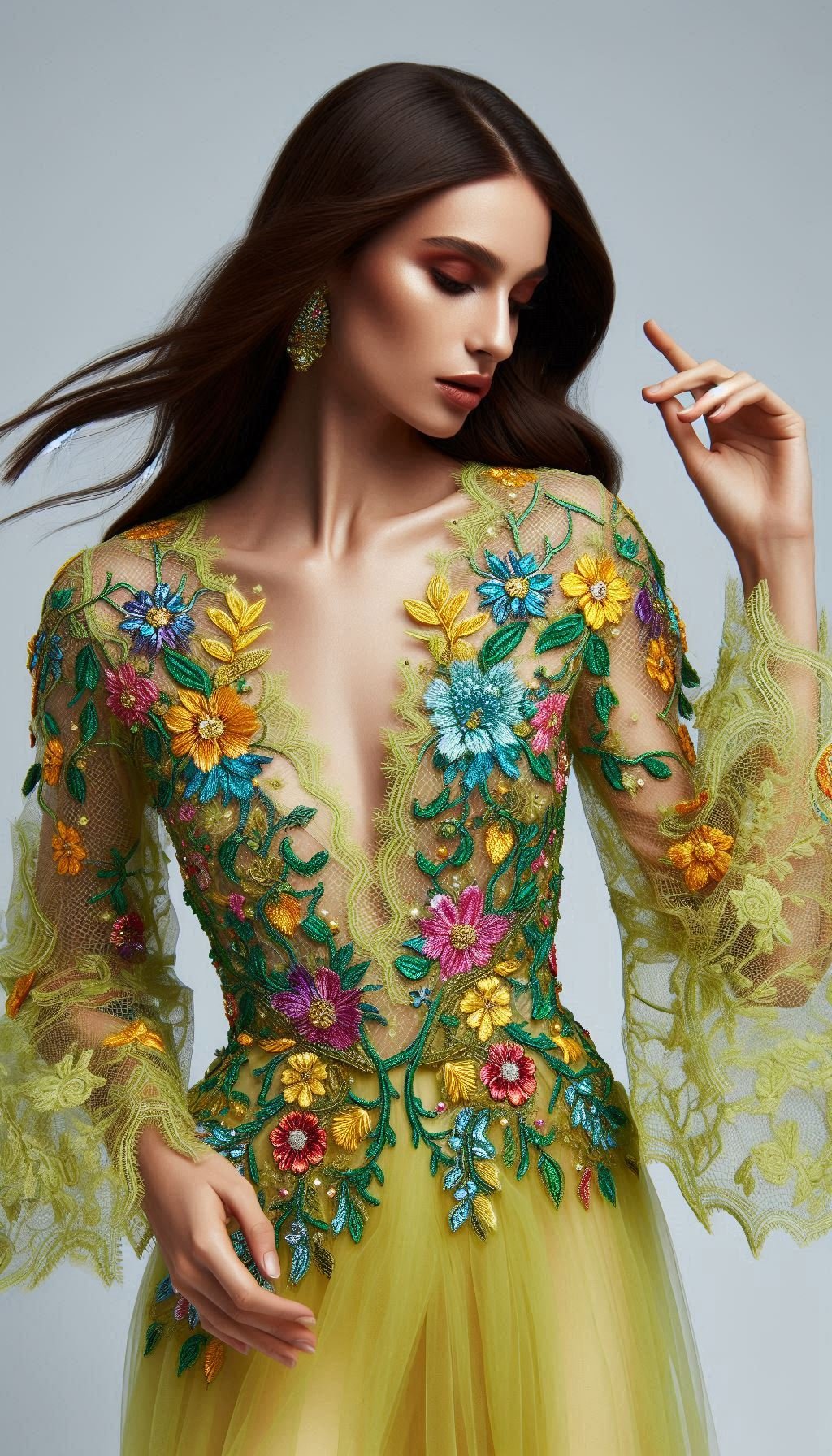 105 Enchanting Floral Lace Embroidered Dress Ideas | Pocoko Step into a garden of delight with this lemon green dress adorned with colorful floral lace embroidery. Perfect for adding a splash of vibrant elegance to your look!