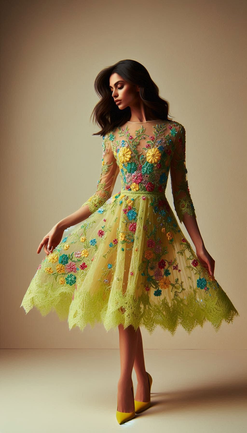 105 Enchanting Floral Lace Embroidered Dress Ideas | Pocoko Lemon green with colorful flowers? Yes, please! This floral lace embroidered dress is a refreshing burst of charm and beauty.