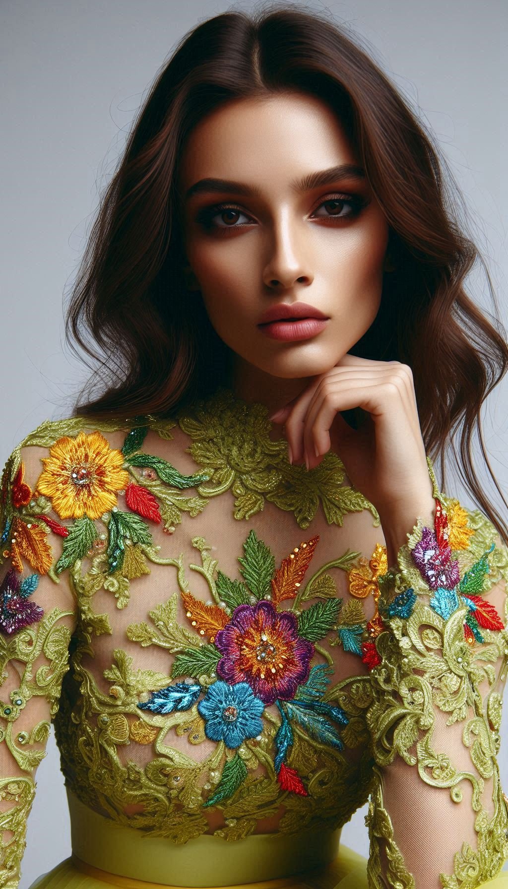 105 Enchanting Floral Lace Embroidered Dress Ideas | Pocoko Turn heads with this lemon green dress featuring intricate colorful floral lace embroidery. A perfect blend of whimsy and sophistication!