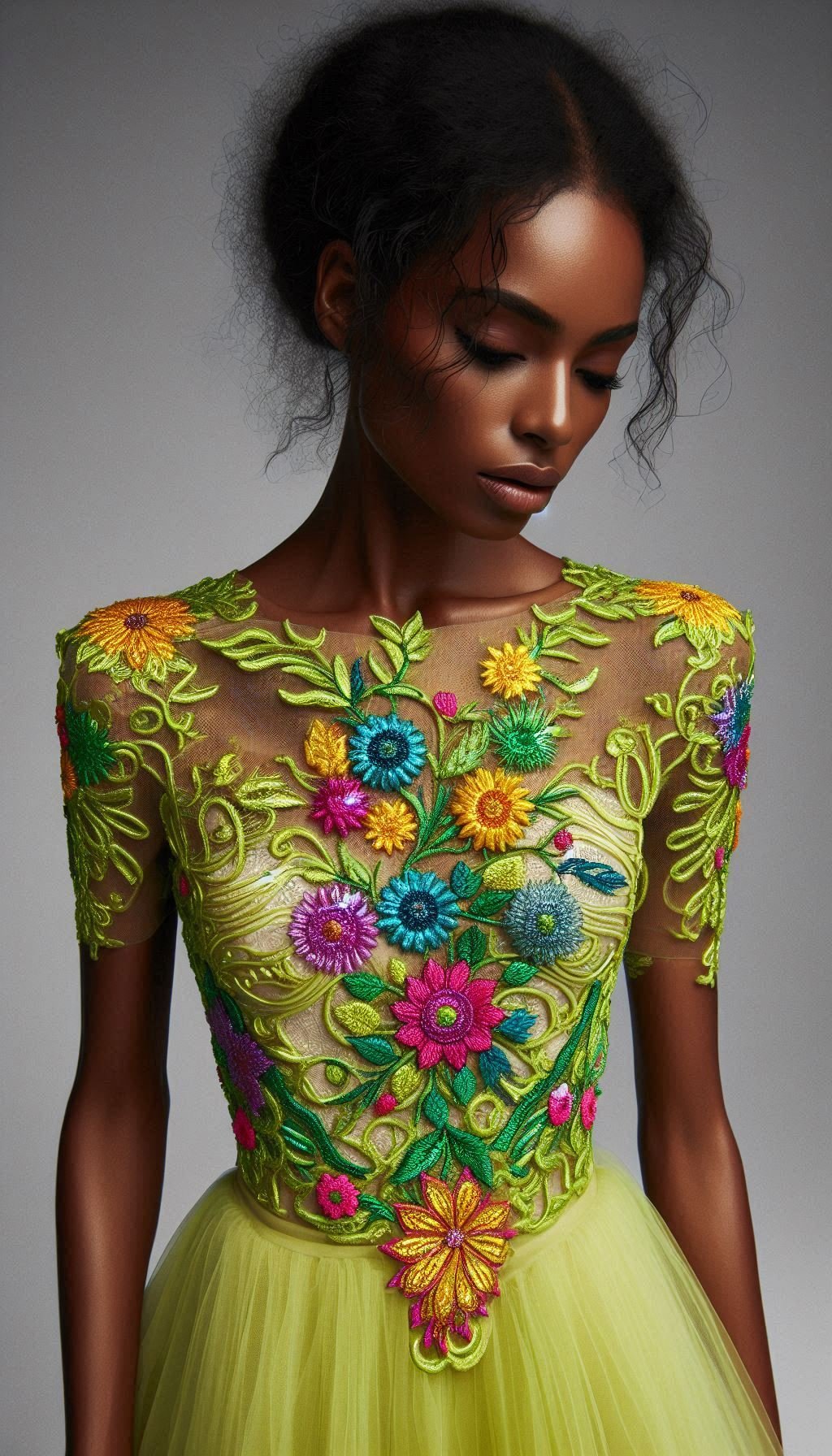 105 Enchanting Floral Lace Embroidered Dress Ideas | Pocoko Elevate your style with this lemon green dress, beautifully detailed with colorful floral lace embroidery. A stunning choice for any occasion!