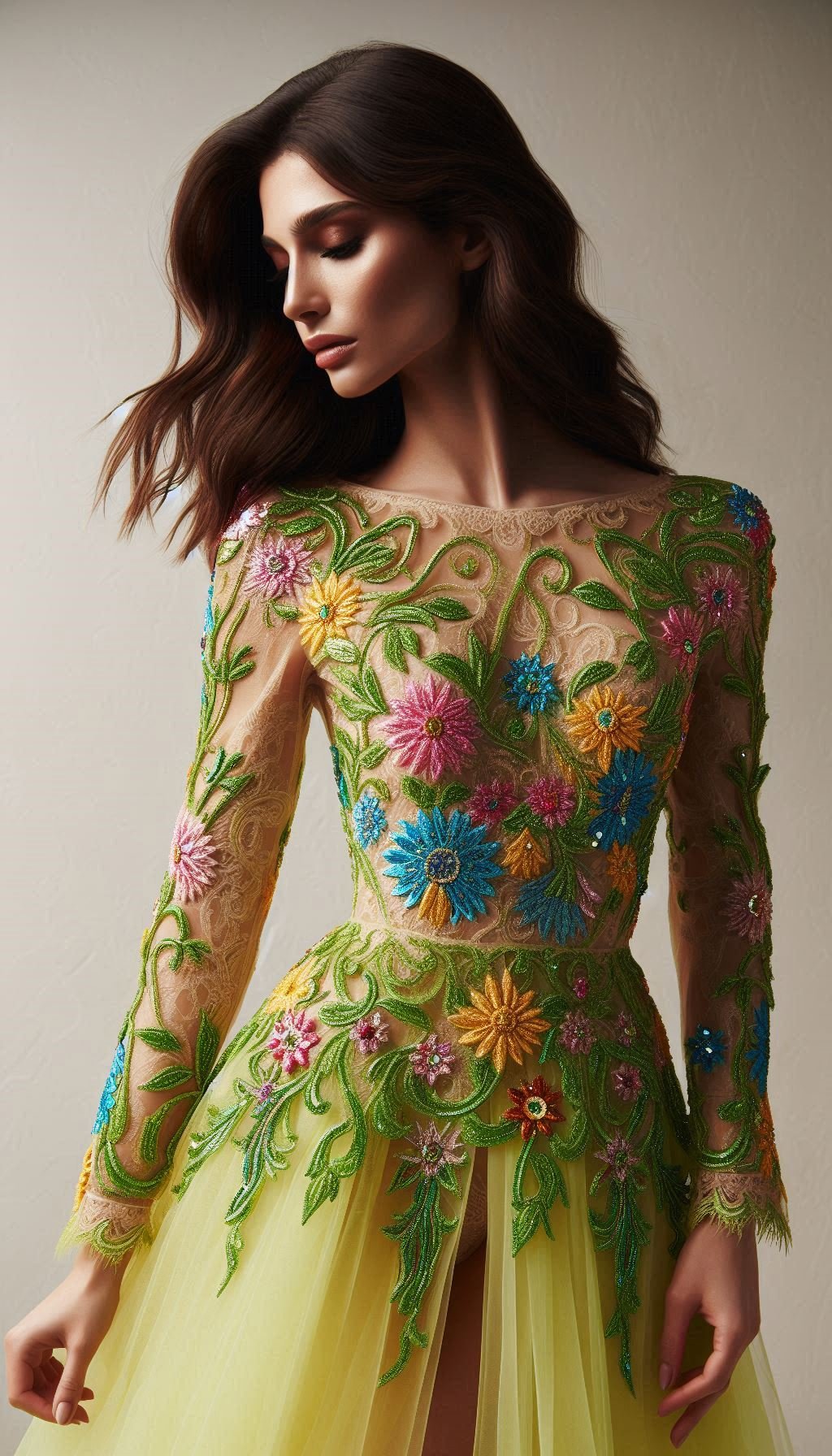 105 Enchanting Floral Lace Embroidered Dress Ideas | Pocoko Turn heads with this lemon green dress featuring intricate colorful floral lace embroidery. A perfect blend of whimsy and sophistication!