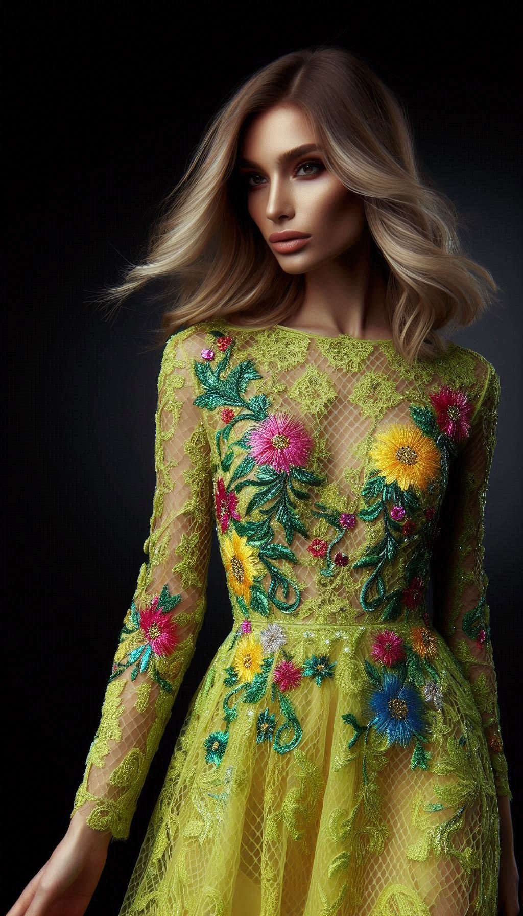 105 Enchanting Floral Lace Embroidered Dress Ideas | Pocoko Elevate your style with this lemon green dress, beautifully detailed with colorful floral lace embroidery. A stunning choice for any occasion!