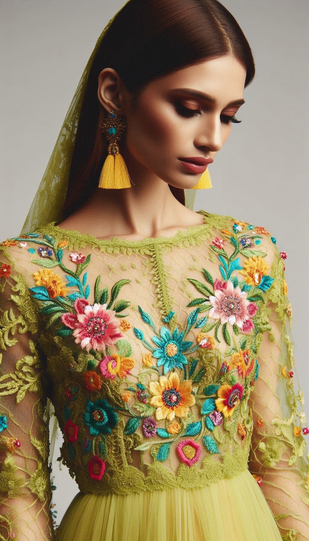 105 Enchanting Floral Lace Embroidered Dress Ideas | Pocoko Make a vibrant entrance with this lemon green dress adorned with colorful floral lace embroidery. Perfect for those who love to stand out!
