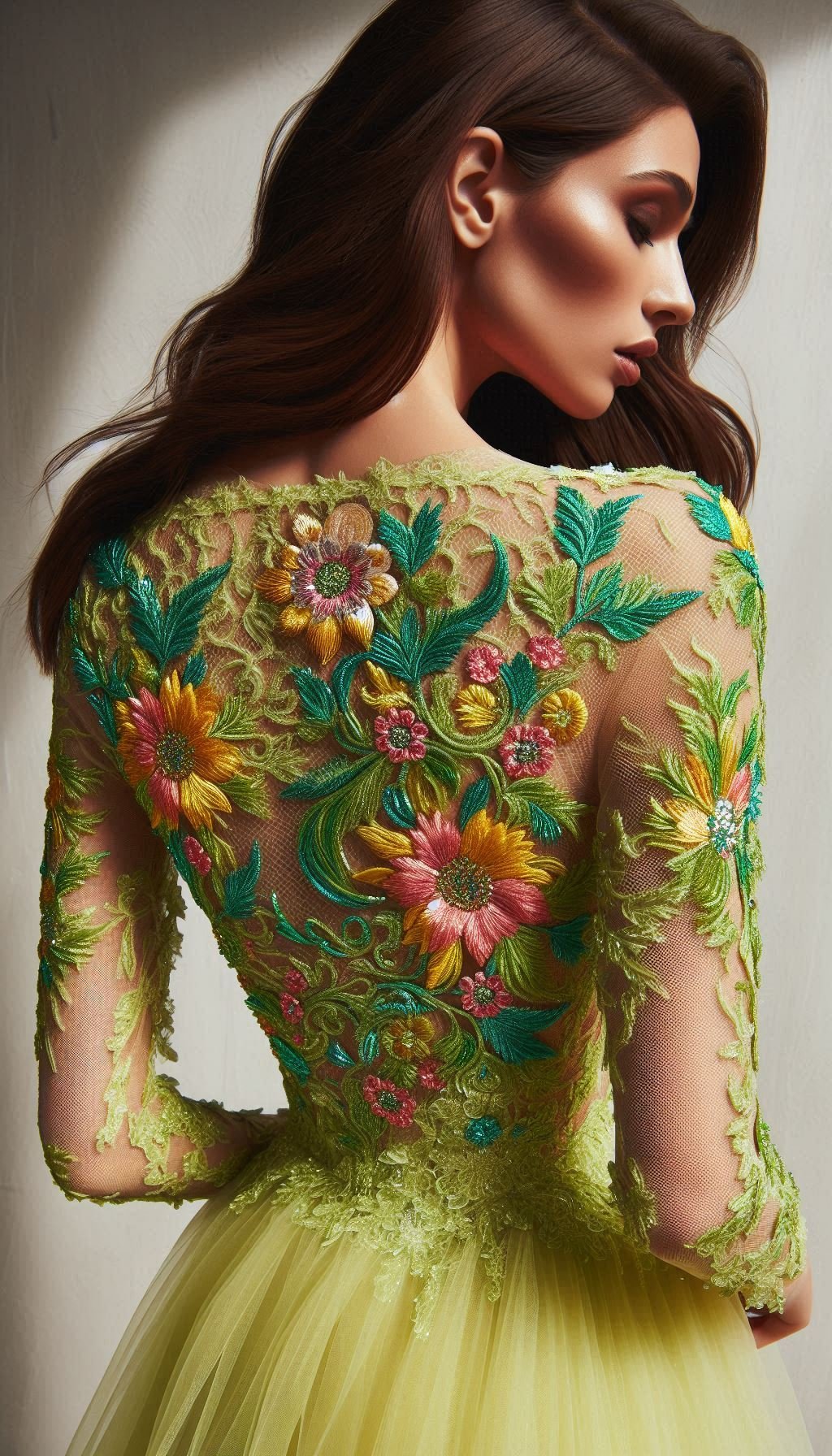 105 Enchanting Floral Lace Embroidered Dress Ideas | Pocoko Lemon green meets a burst of colors in this floral lace embroidered dress. Ready to dazzle with this captivating combination?