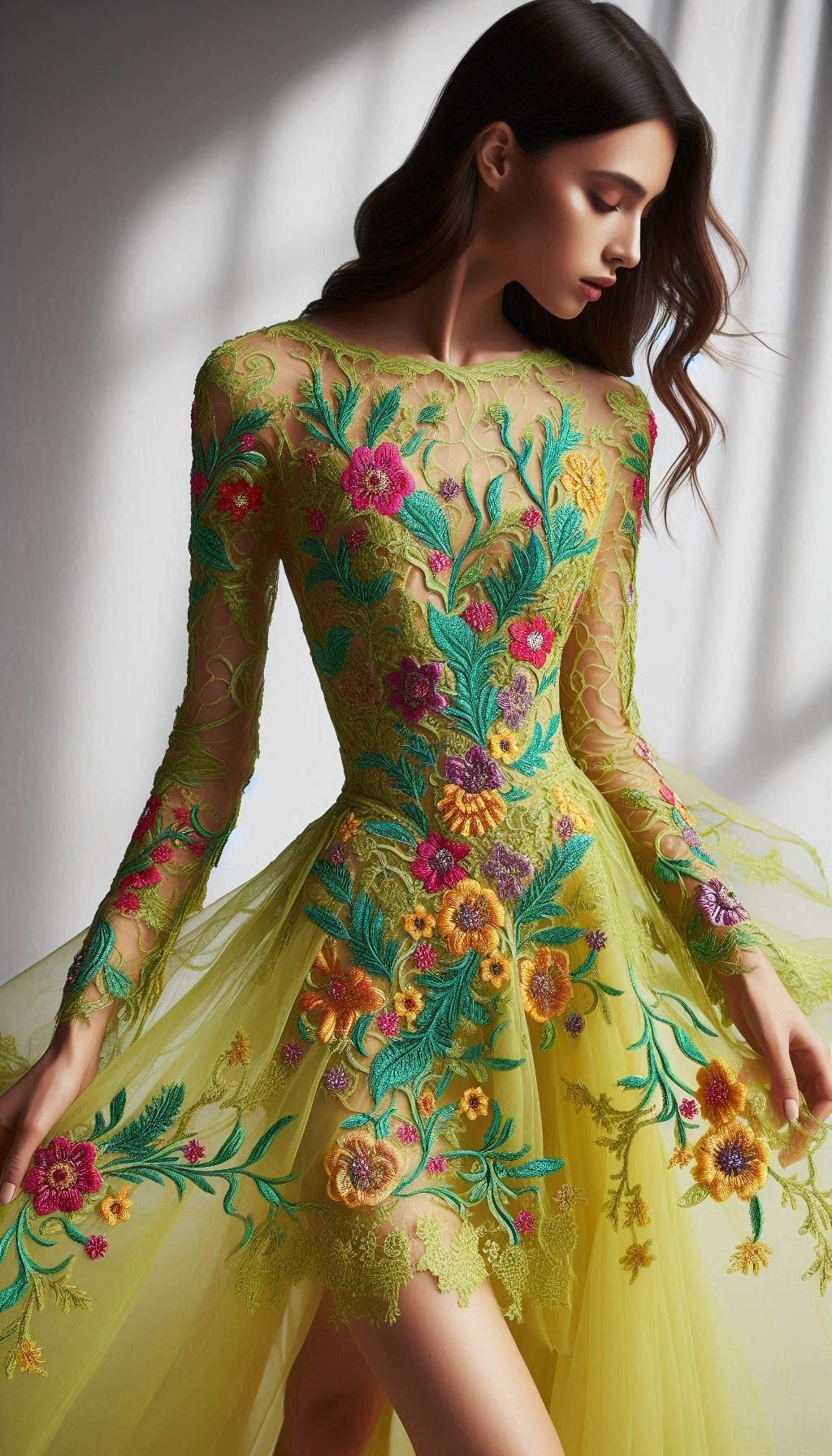 105 Enchanting Floral Lace Embroidered Dress Ideas | Pocoko Turn up the charm with this lemon green dress, beautifully embellished with colorful floral lace embroidery. A show-stopping piece for any wardrobe!