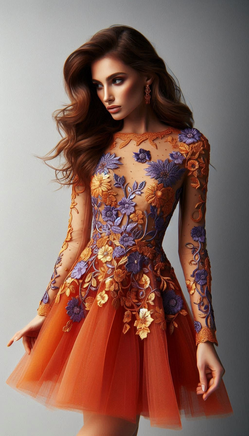 105 Enchanting Floral Lace Embroidered Dress Ideas | Pocoko Unleash your inner fashionista with this orange dress, adorned with delicate violet floral lace embroidery. A striking and elegant choice for any event!