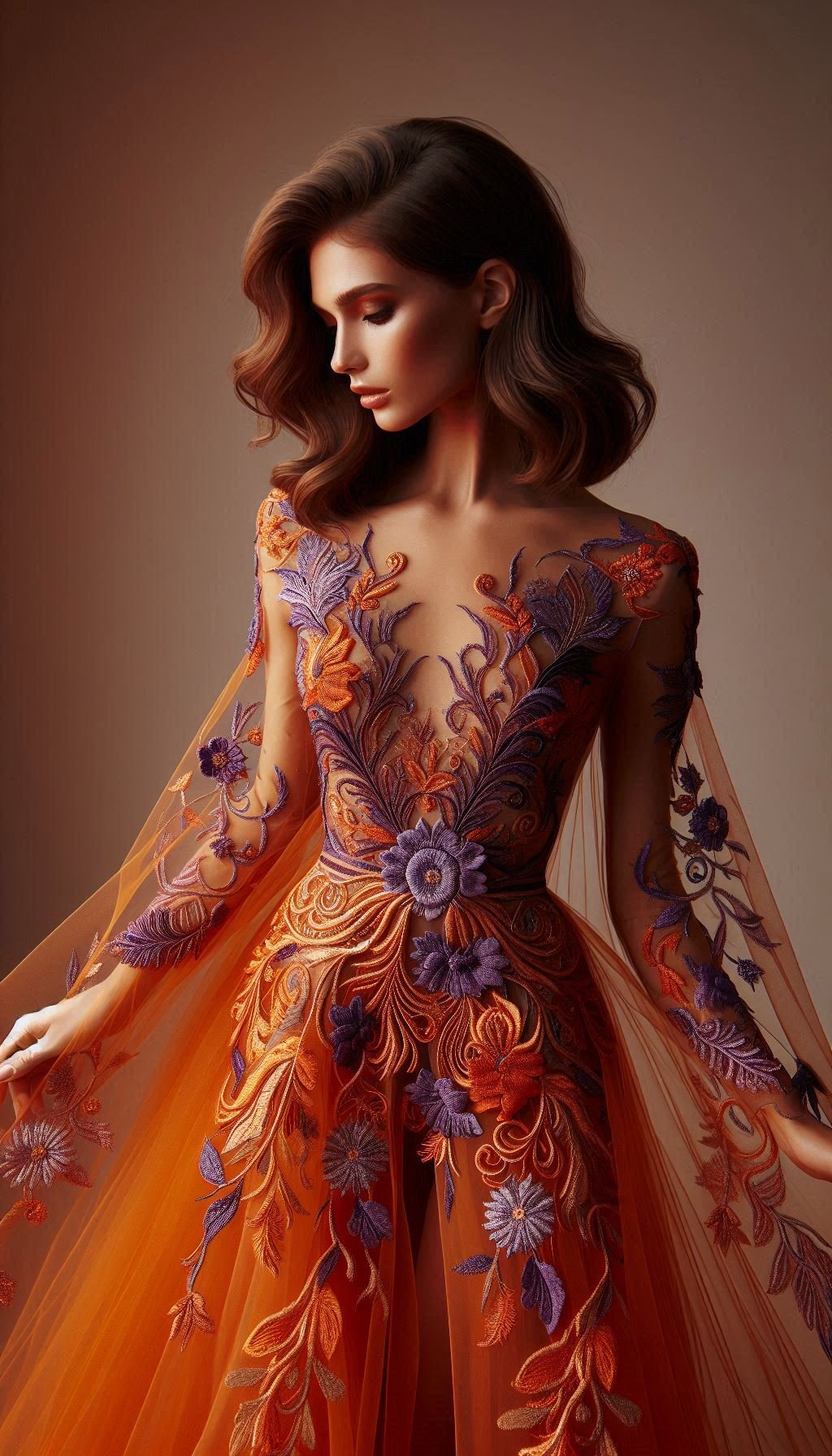 105 Enchanting Floral Lace Embroidered Dress Ideas | Pocoko This orange dress with violet floral lace embroidery is a true masterpiece. Perfect for adding a pop of color and a touch of elegance to your look!