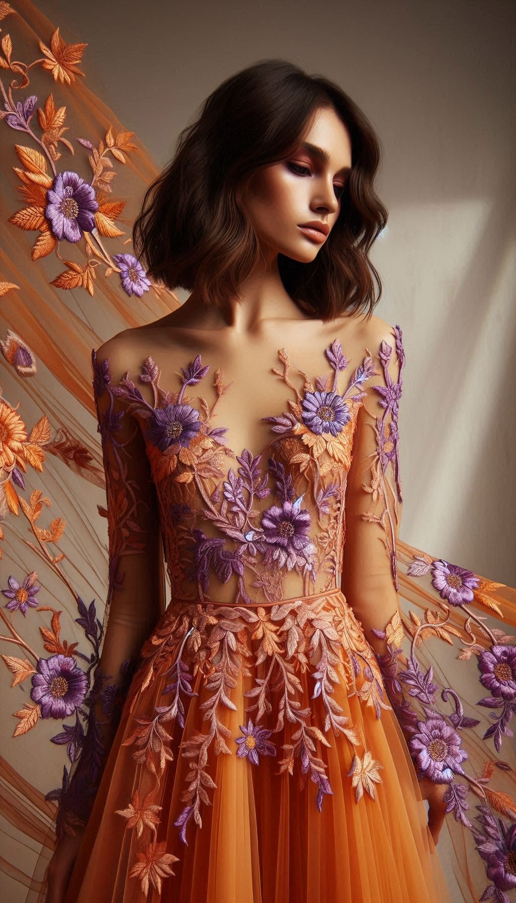 105 Enchanting Floral Lace Embroidered Dress Ideas | Pocoko Elevate your style with this orange dress, adorned with intricate violet floral lace embroidery. A mesmerizing combination of colors and textures!