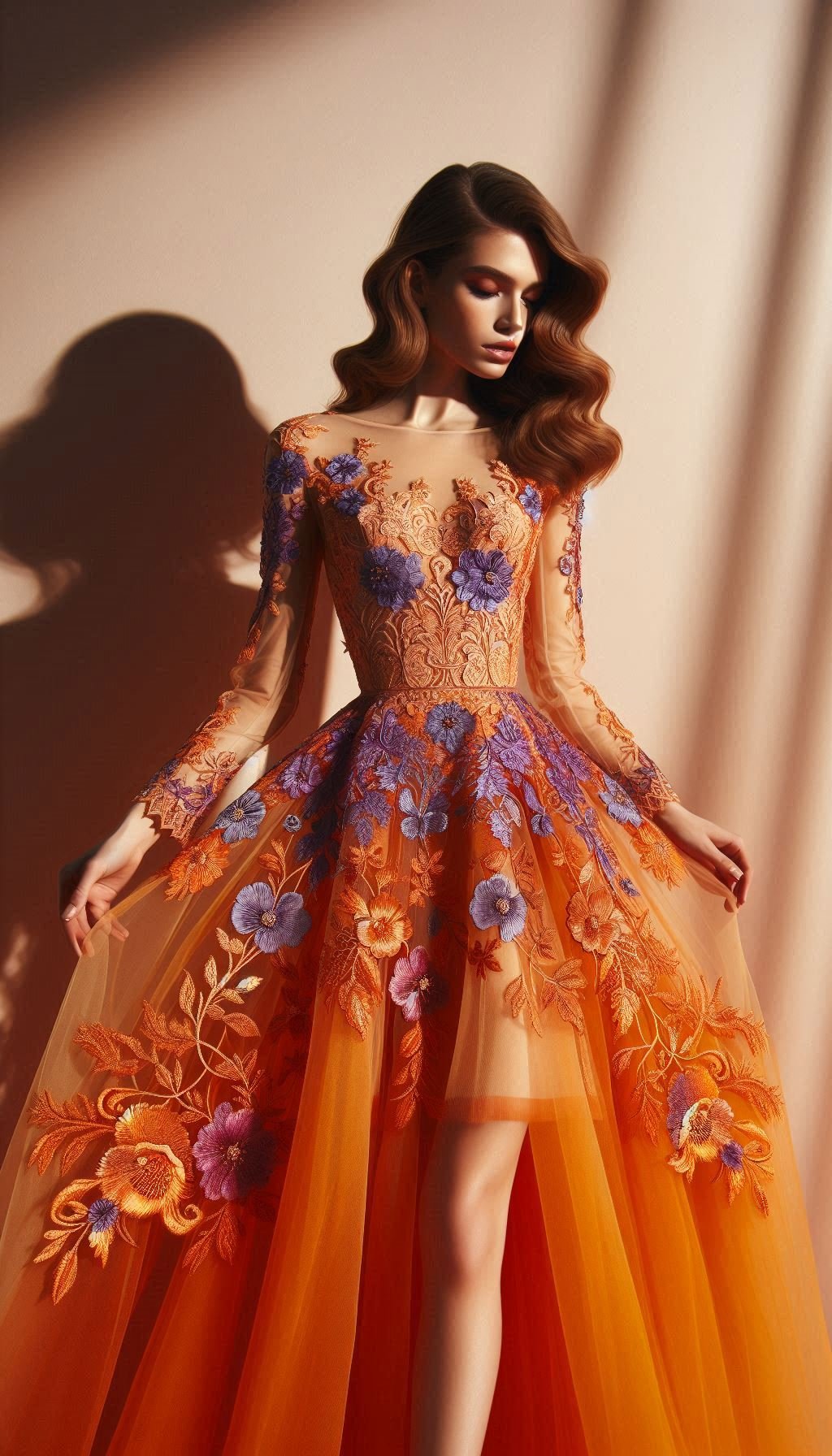 105 Enchanting Floral Lace Embroidered Dress Ideas | Pocoko Step into the spotlight with this orange dress featuring stunning violet floral lace embroidery. Perfect for adding a touch of whimsy to your wardrobe!
