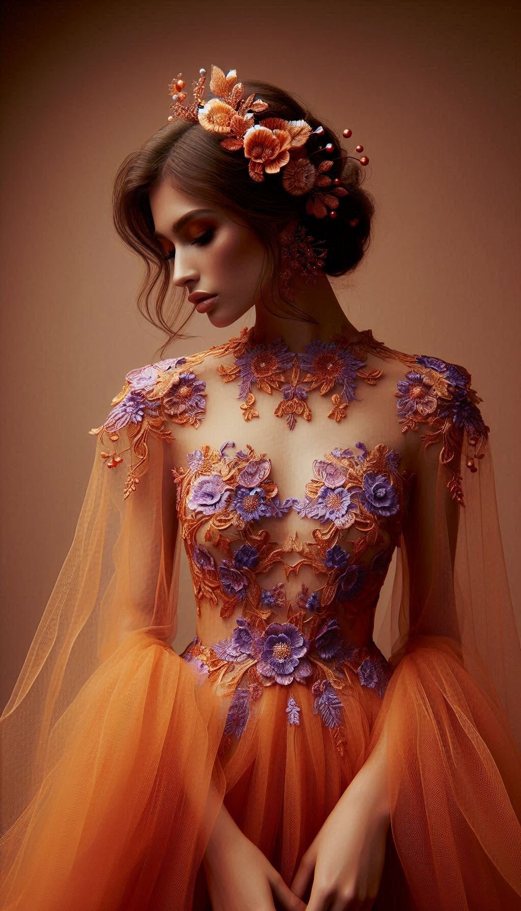 105 Enchanting Floral Lace Embroidered Dress Ideas | Pocoko Orange meets violet in this floral lace embroidered dress. A captivating choice for those who love to make a statement with their style!