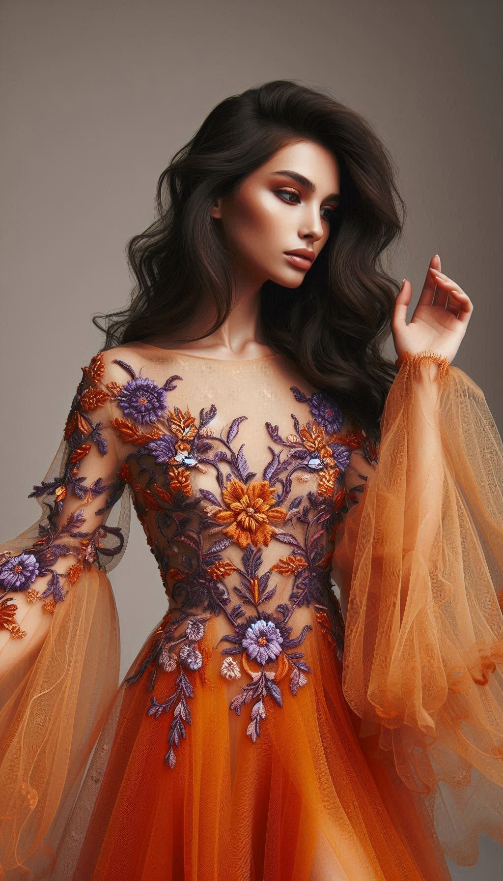 105 Enchanting Floral Lace Embroidered Dress Ideas | Pocoko Turn heads with this orange dress, beautifully embellished with violet floral lace embroidery. A show-stopping piece for any fashion-forward wardrobe!