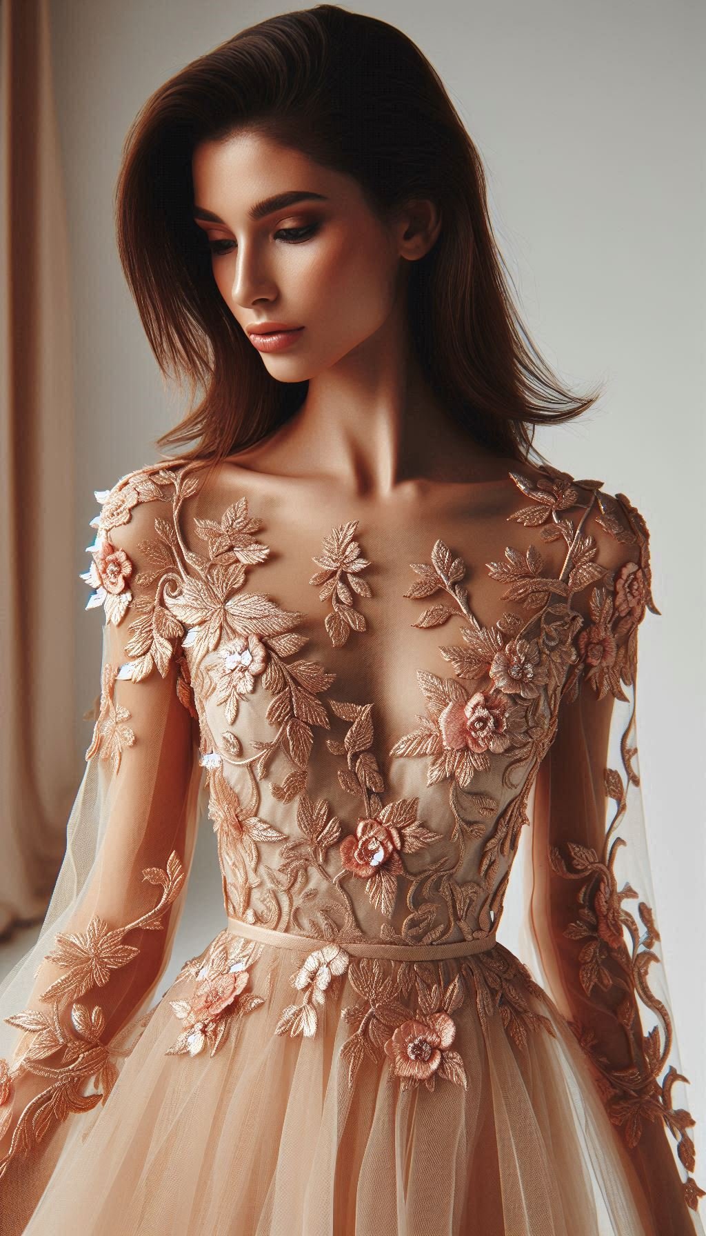 105 Enchanting Floral Lace Embroidered Dress Ideas | Pocoko Peach floral lace embroidery creates a dress that's pure magic. Ideal for adding a touch of sophistication and charm to your look.