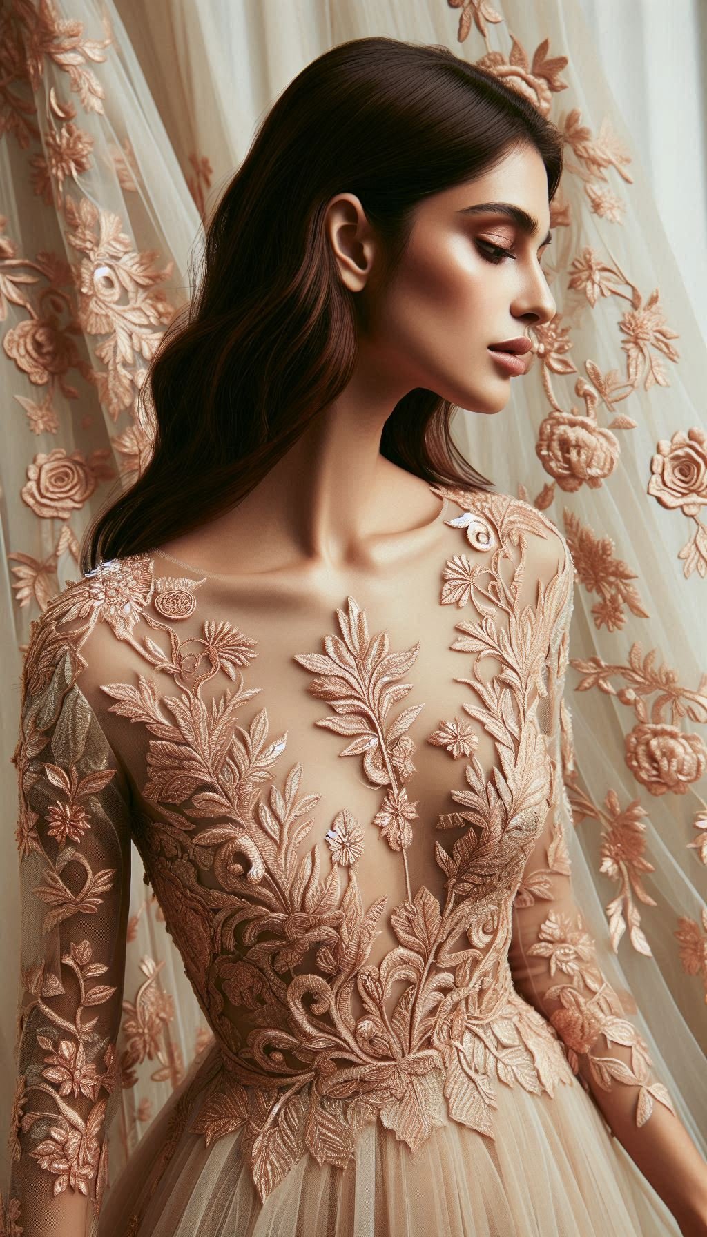 105 Enchanting Floral Lace Embroidered Dress Ideas | Pocoko Turn heads with this peach floral lace embroidered dress. The perfect combination of elegance and charm for any special event.