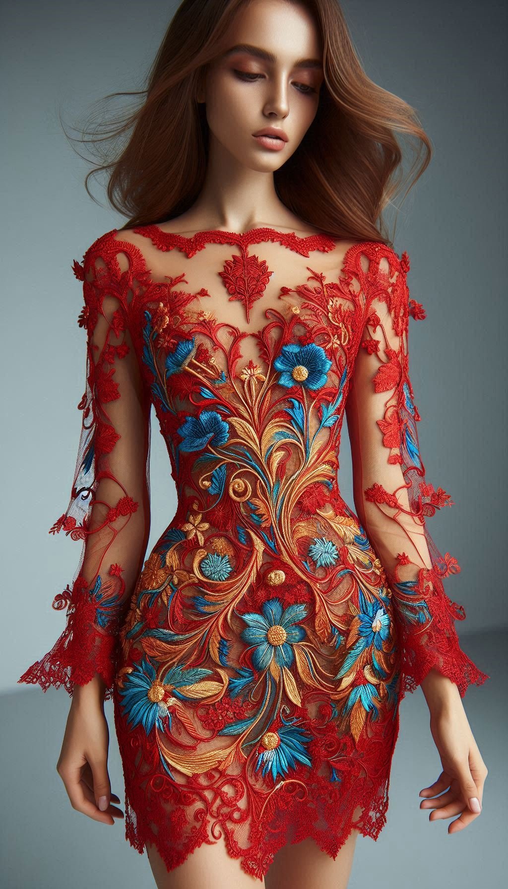 105 Enchanting Floral Lace Embroidered Dress Ideas | Pocoko Make a vibrant entrance with this red dress adorned with blue floral lace embroidery! A striking combination of bold colors that's perfect for any special occasion.