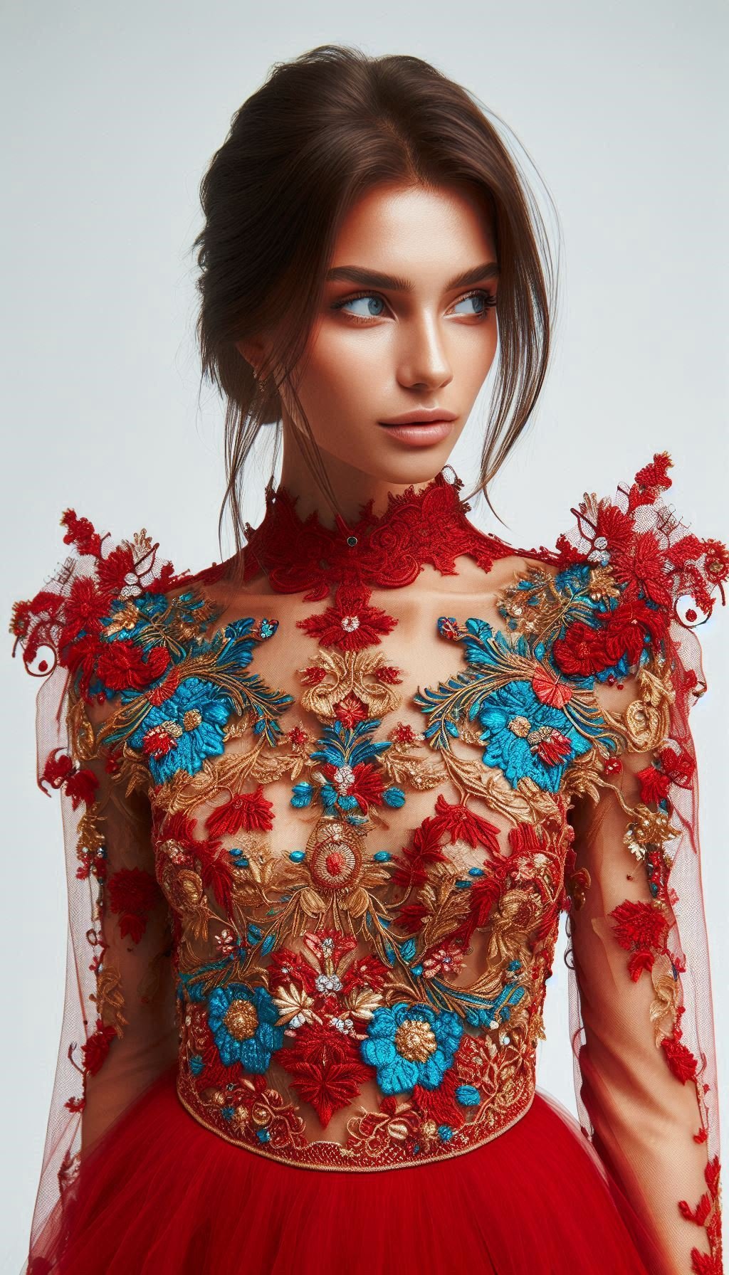 105 Enchanting Floral Lace Embroidered Dress Ideas | Pocoko Step into a world of bold beauty with this red dress featuring intricate blue floral lace embroidery. A unique and eye-catching choice for any event!