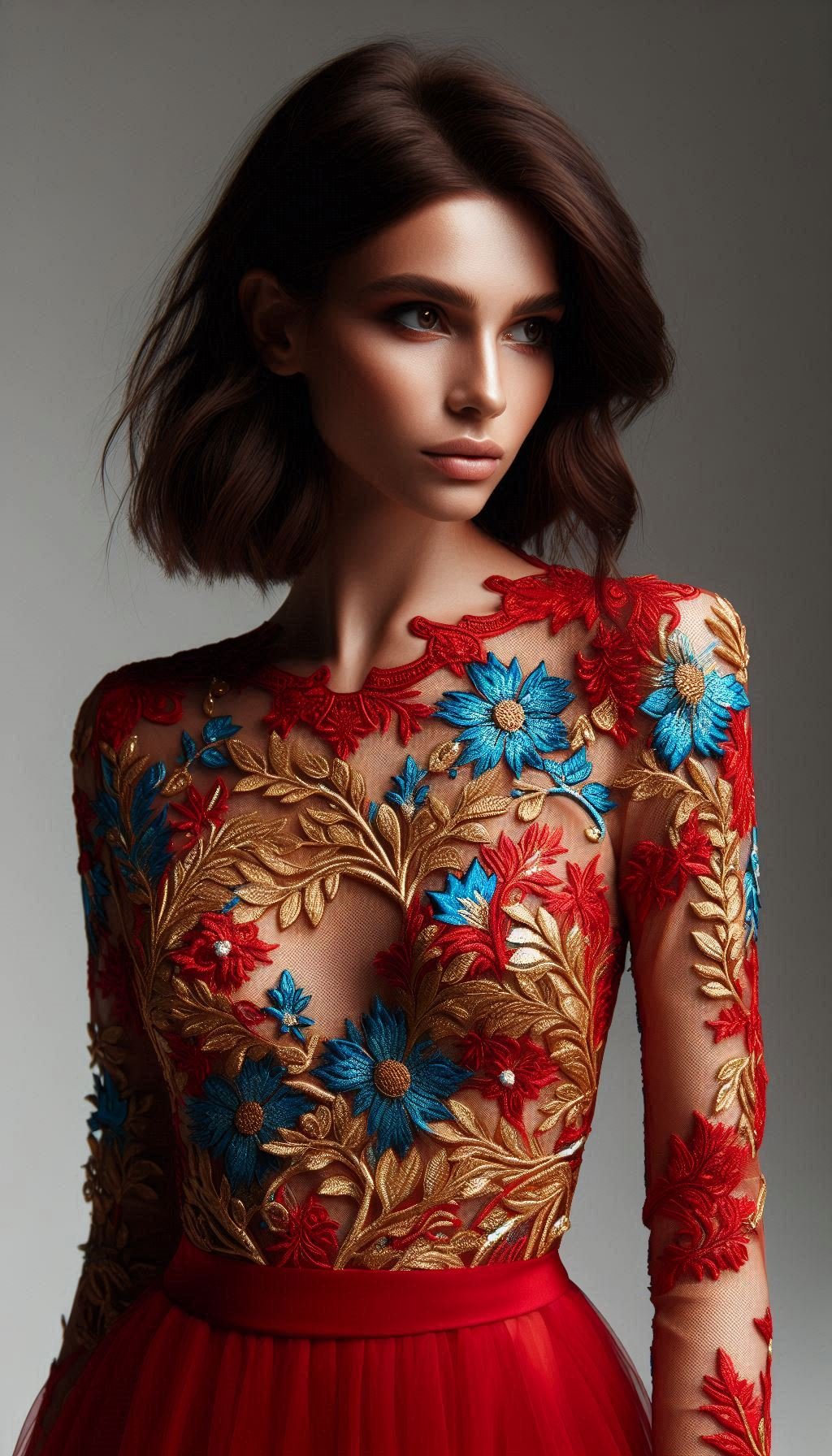 105 Enchanting Floral Lace Embroidered Dress Ideas | Pocoko Elevate your wardrobe with this red dress, beautifully detailed with blue floral lace embroidery. A stunning choice for those who love to make a statement!