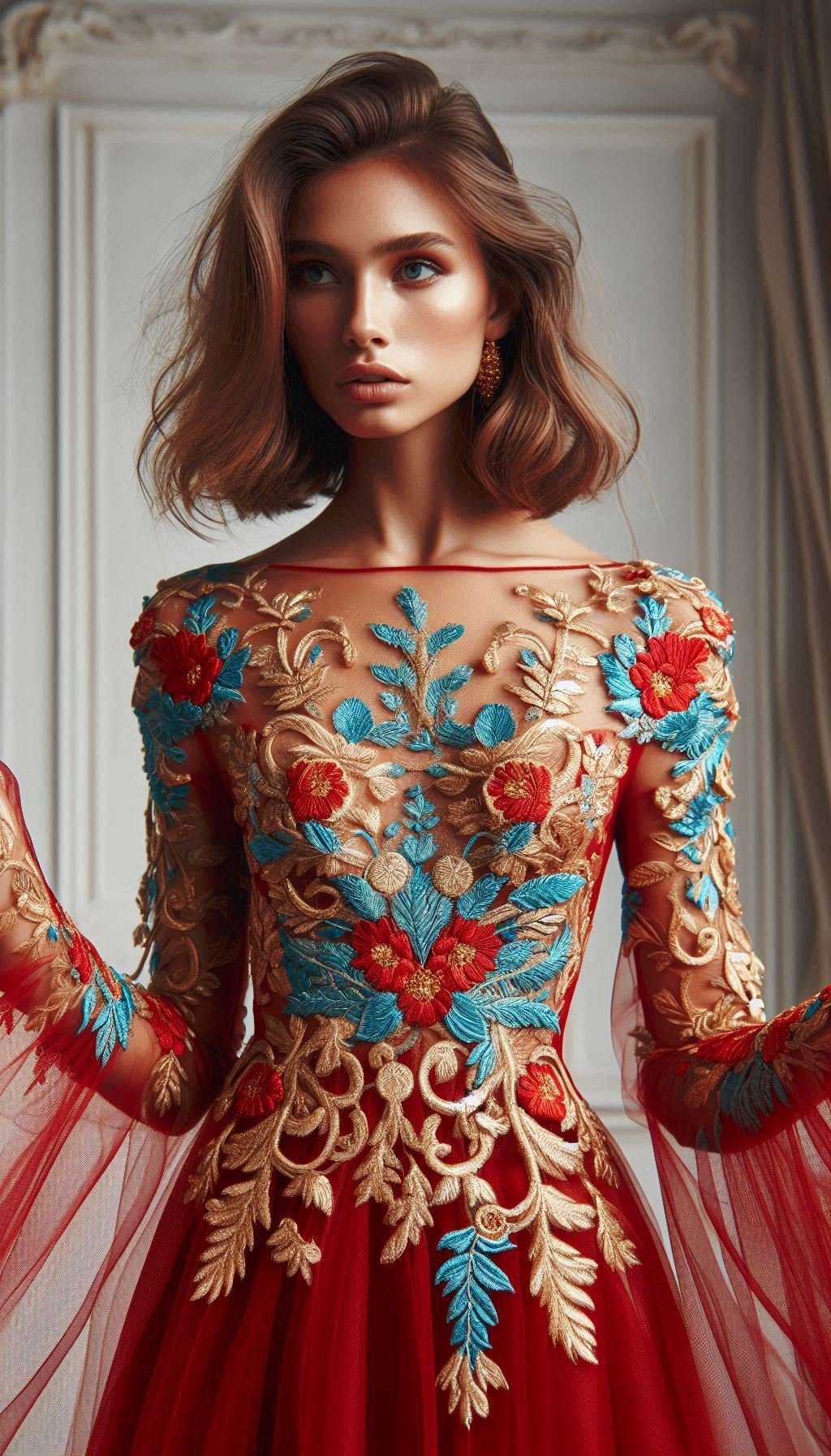 105 Enchanting Floral Lace Embroidered Dress Ideas | Pocoko This red dress with blue floral lace embroidery is a true masterpiece. Perfect for adding a pop of color and a touch of elegance to your look!