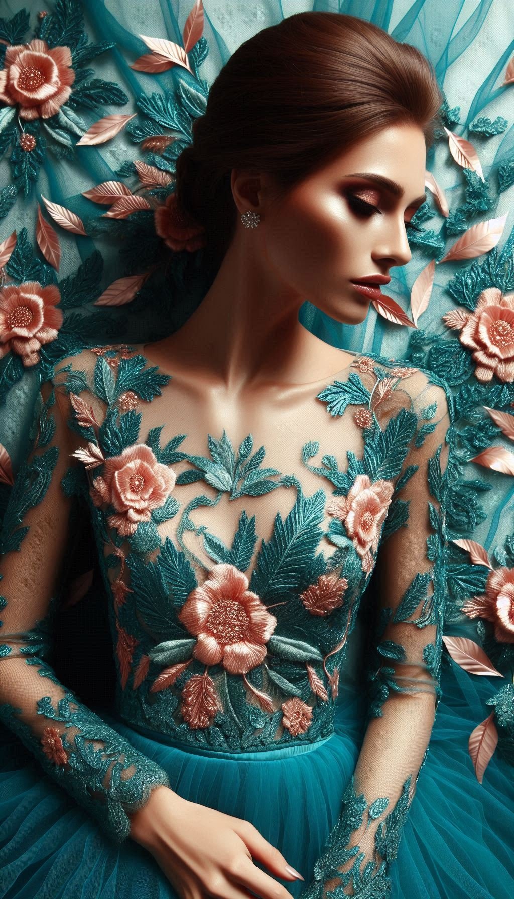 105 Enchanting Floral Lace Embroidered Dress Ideas | Pocoko Step into elegance with this teal dress adorned with pink floral lace embroidery. A captivating blend of colors thatβs perfect for any occasion!