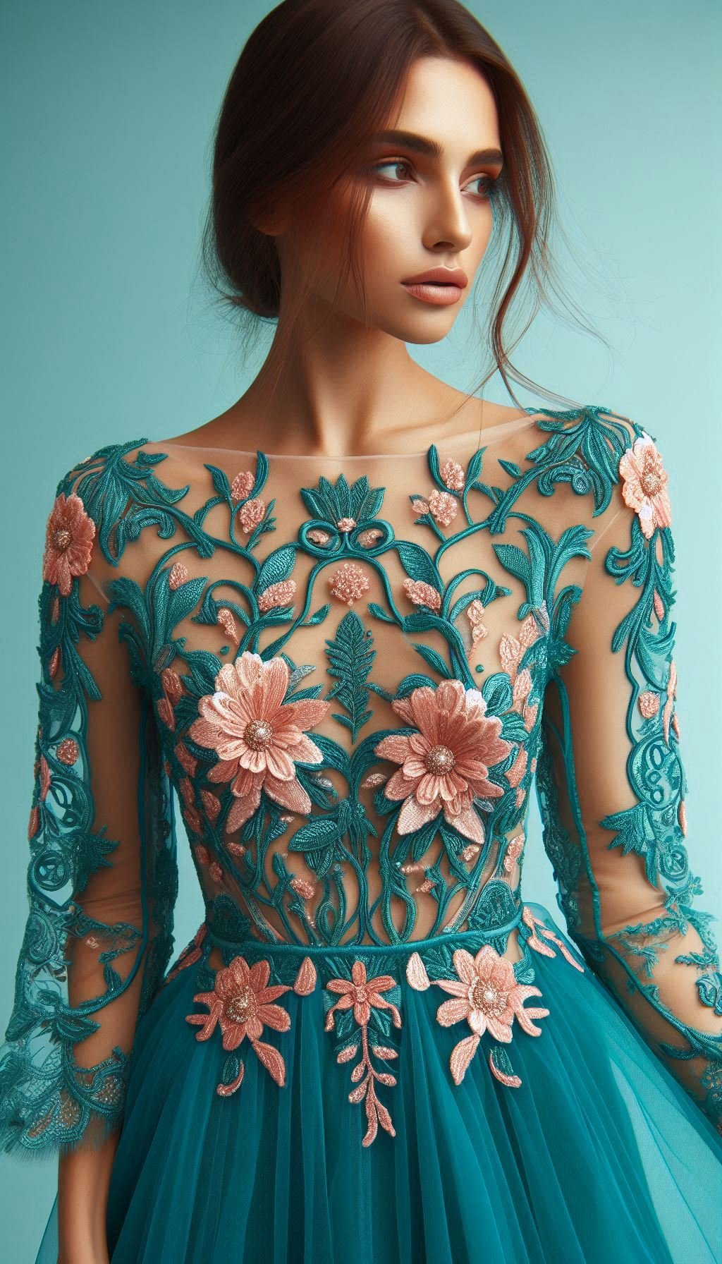 105 Enchanting Floral Lace Embroidered Dress Ideas | Pocoko Step out in style with this teal dress adorned with pink floral lace embroidery. A beautiful and elegant choice for any event!