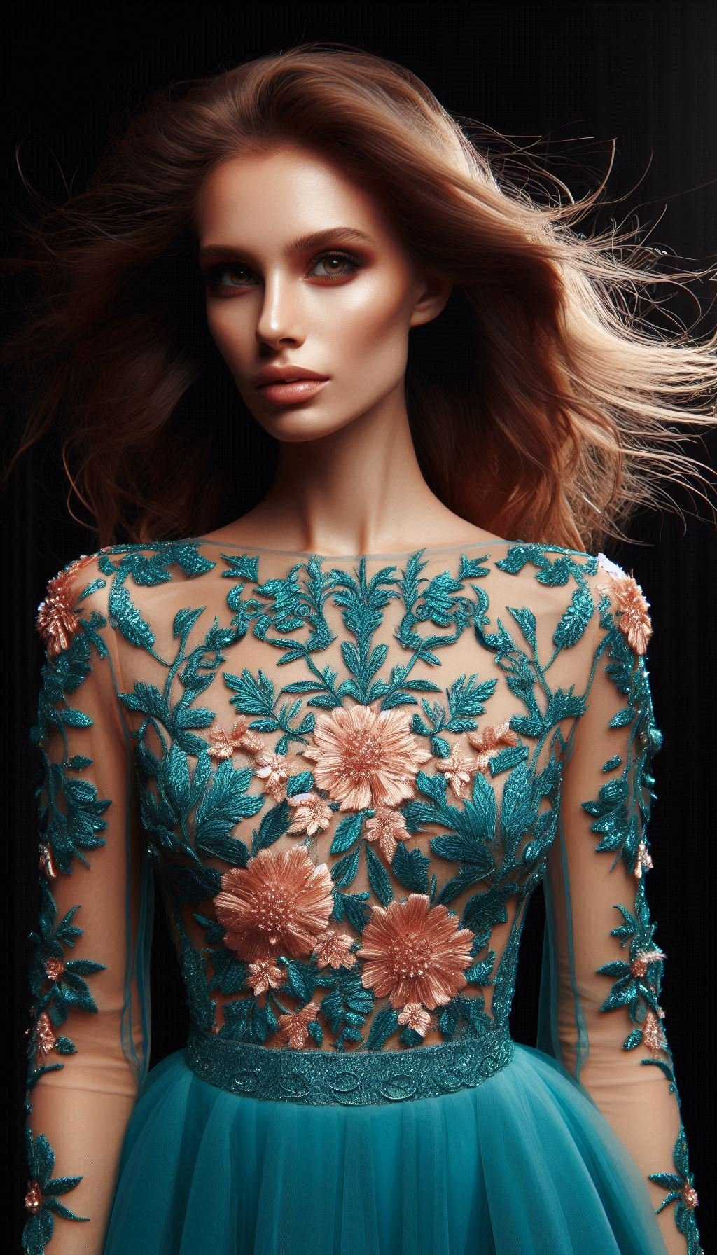 105 Enchanting Floral Lace Embroidered Dress Ideas | Pocoko Turn heads with this teal dress featuring delicate pink floral lace embroidery. A perfect blend of sophistication and charm!