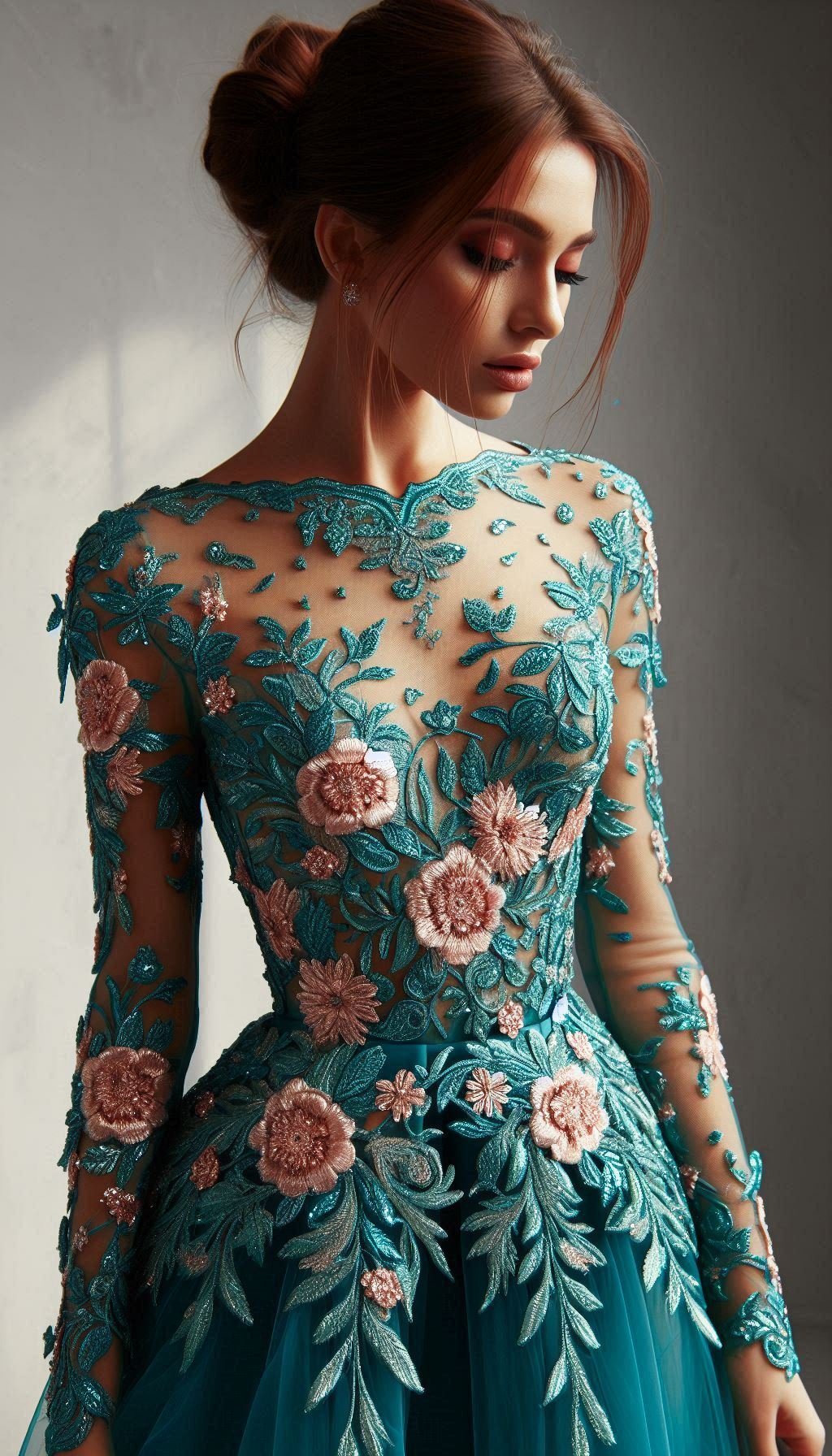 105 Enchanting Floral Lace Embroidered Dress Ideas | Pocoko Make a graceful entrance with this teal dress adorned with pink floral lace embroidery. Perfect for adding a touch of whimsy to your look!
