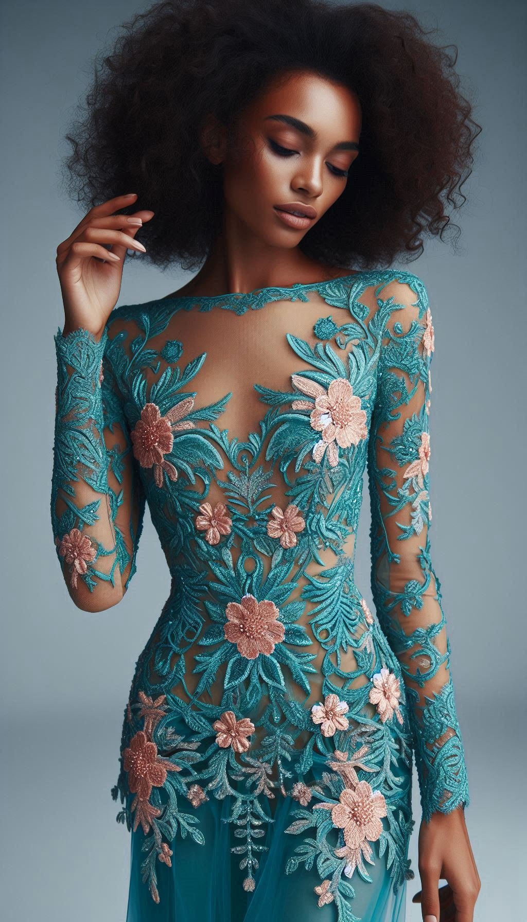 105 Enchanting Floral Lace Embroidered Dress Ideas | Pocoko Step into the spotlight with this teal dress featuring stunning pink floral lace embroidery. A mesmerizing choice for any special occasion!