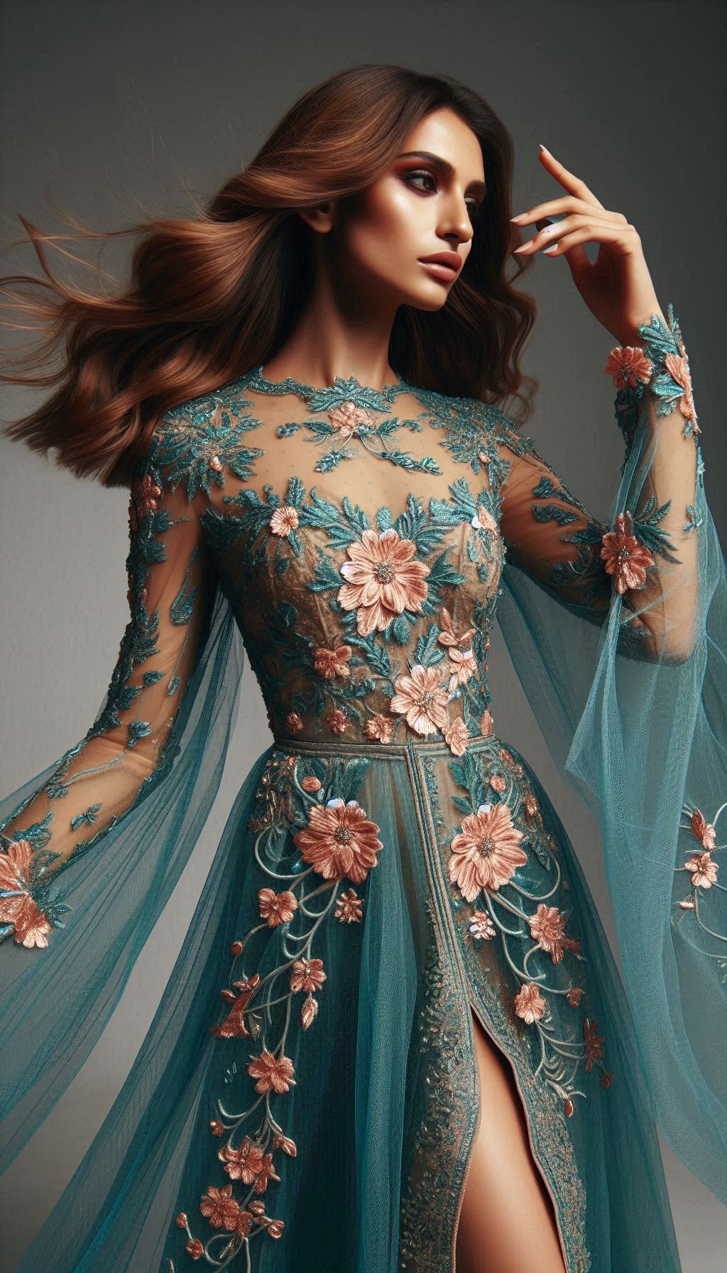 105 Enchanting Floral Lace Embroidered Dress Ideas | Pocoko Turn up the charm with this teal dress, beautifully embellished with pink floral lace embroidery. A show-stopping piece for any fashion-forward wardrobe!