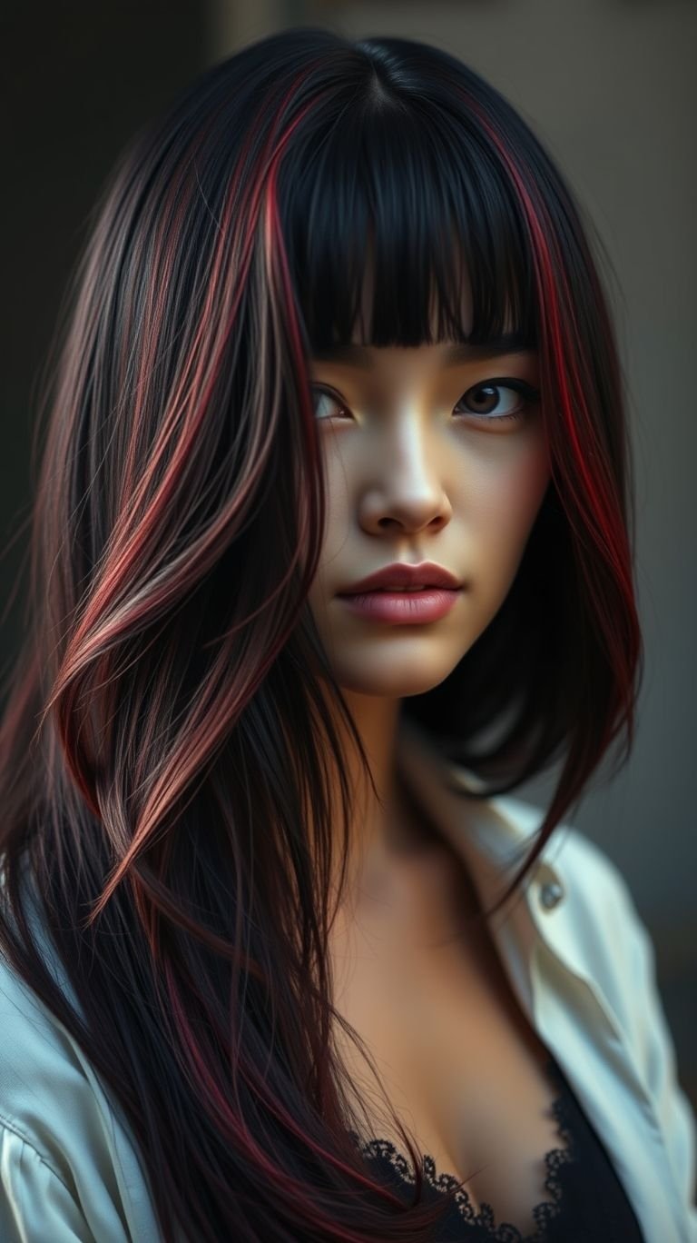 Hair Color Inspirations: 100+ Daring Must-Have Shades That Shine | Pocoko Sultry and bold! Black hair with red highlights is the ultimate statement of edgy elegance. Perfect for those who love their look to turn heads and spark intrigue.