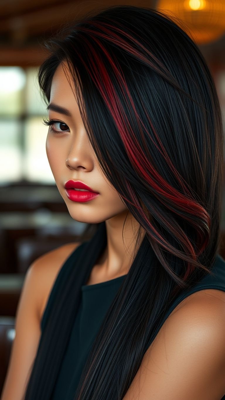 Hair Color Inspirations: 100+ Daring Must-Have Shades That Shine | Pocoko Add a touch of fire to your sleek black locks with striking red highlights! A dramatic color combo that’s equal parts daring and dazzling.