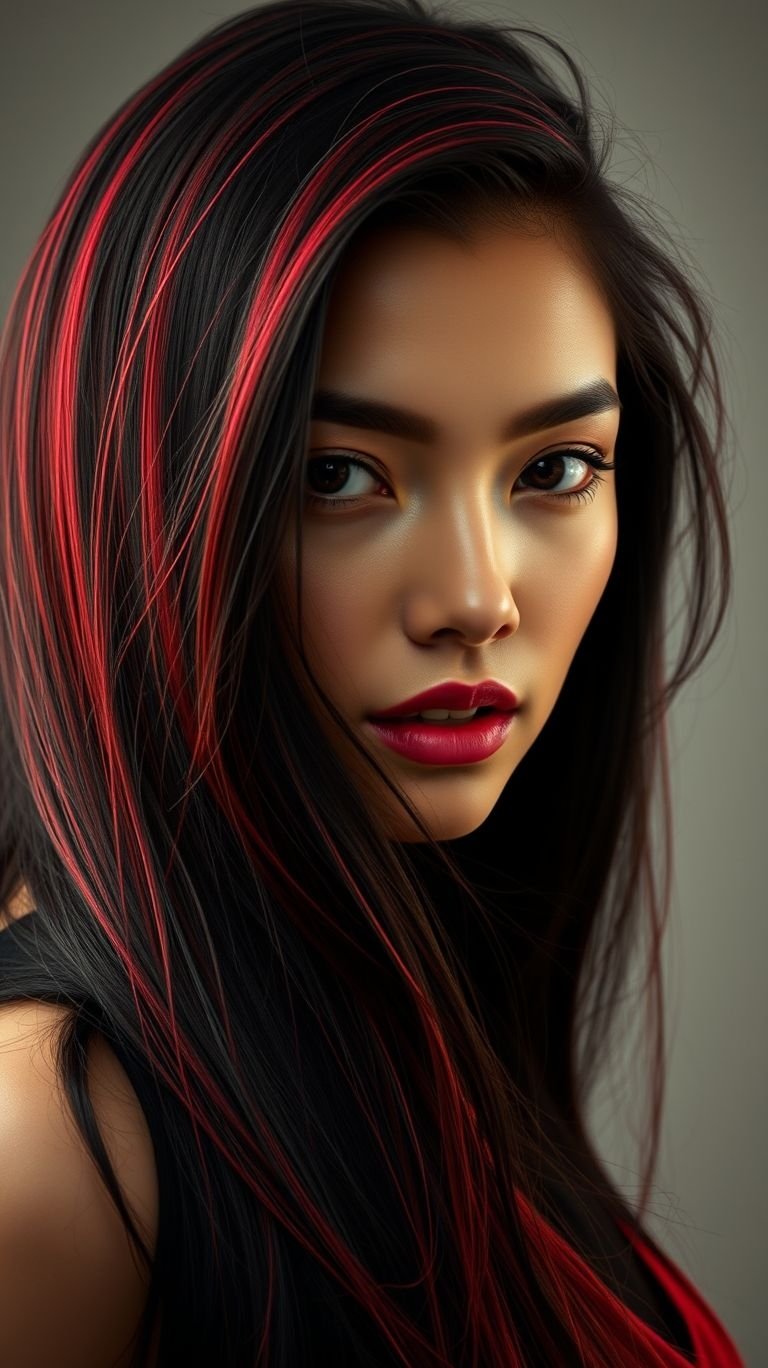 Hair Color Inspirations: 100+ Daring Must-Have Shades That Shine | Pocoko Who says black is basic? Red highlights bring fiery flair to long, luscious black hair, creating a look that’s impossible to ignore.