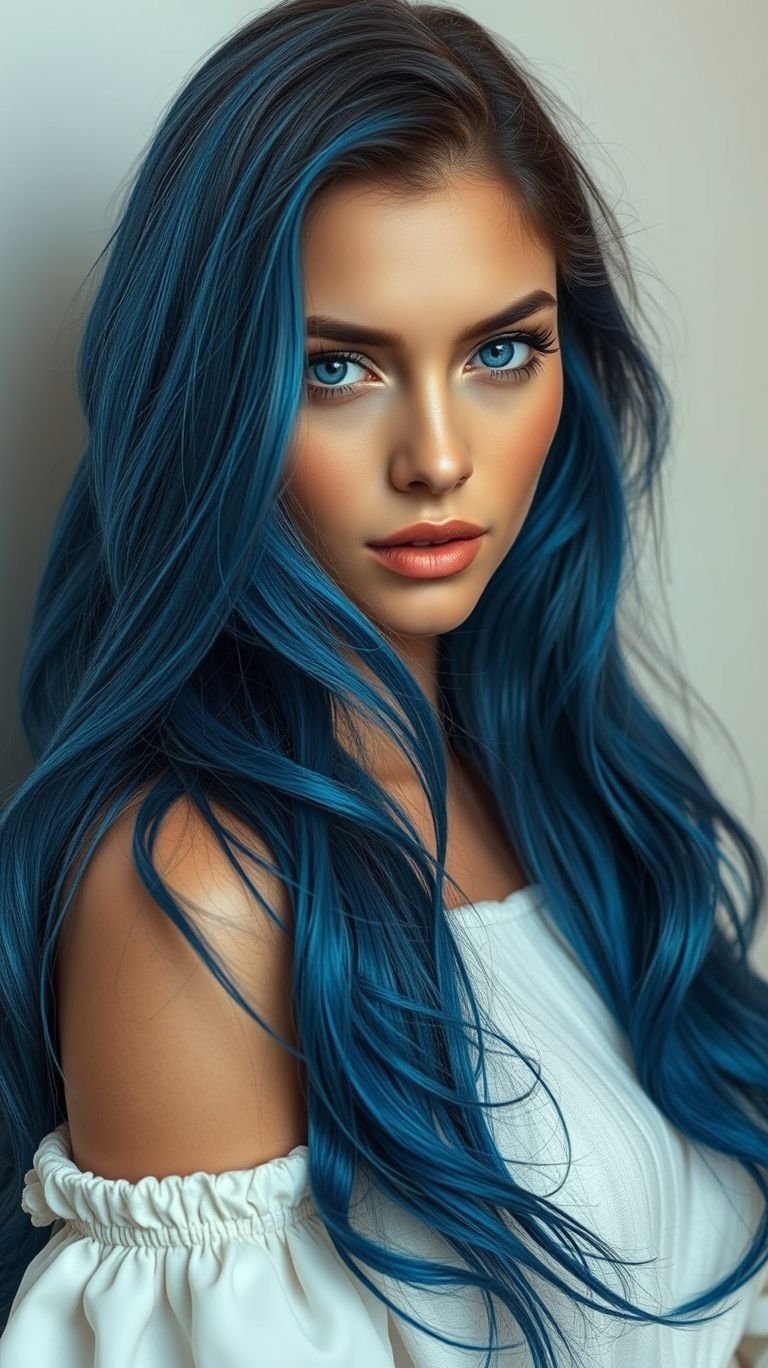 Hair Color Inspirations: 100+ Daring Must-Have Shades That Shine | Pocoko Feeling blue never looked so good! Long blue hair adds a splash of drama and elegance to your style game.