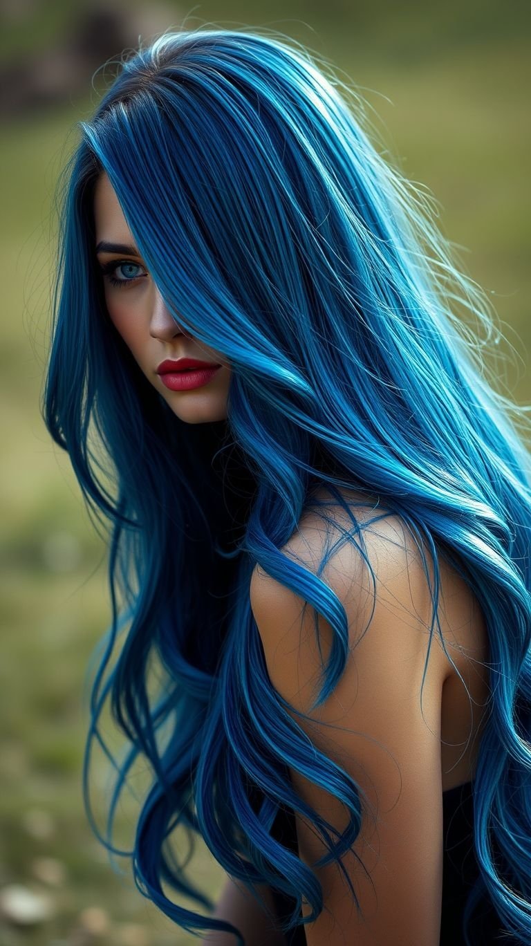 Hair Color Inspirations: 100+ Daring Must-Have Shades That Shine | Pocoko Transform your hair into an art piece with shades of vibrant blue. Long and luminous—it's a head-turning masterpiece!
