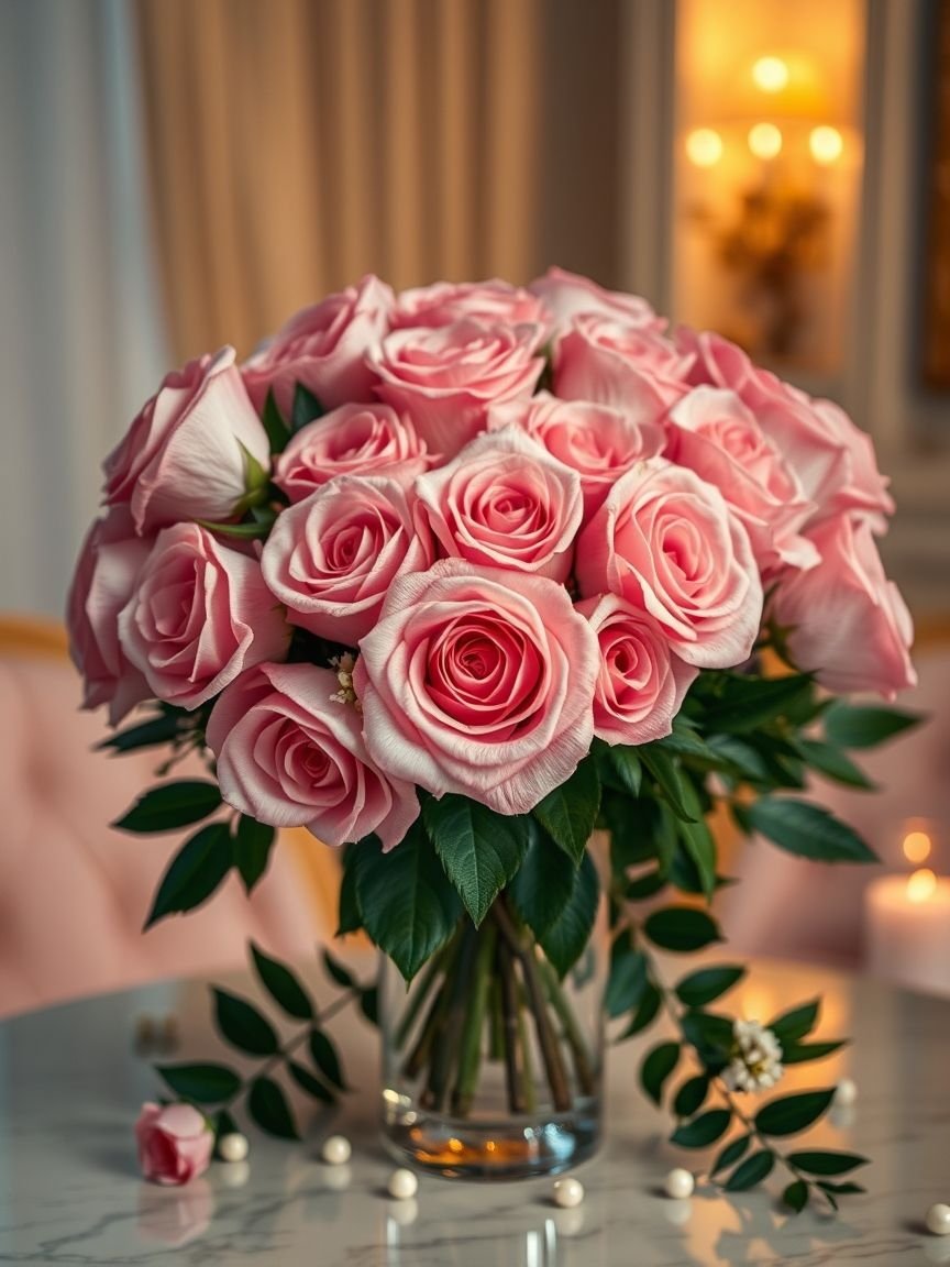 Add a touch of elegance and romance to any room with a pink rose bouquet. Whether fresh or faux, these delicate blooms create a soft, dreamy atmosphere that radiates beauty and serenity.
