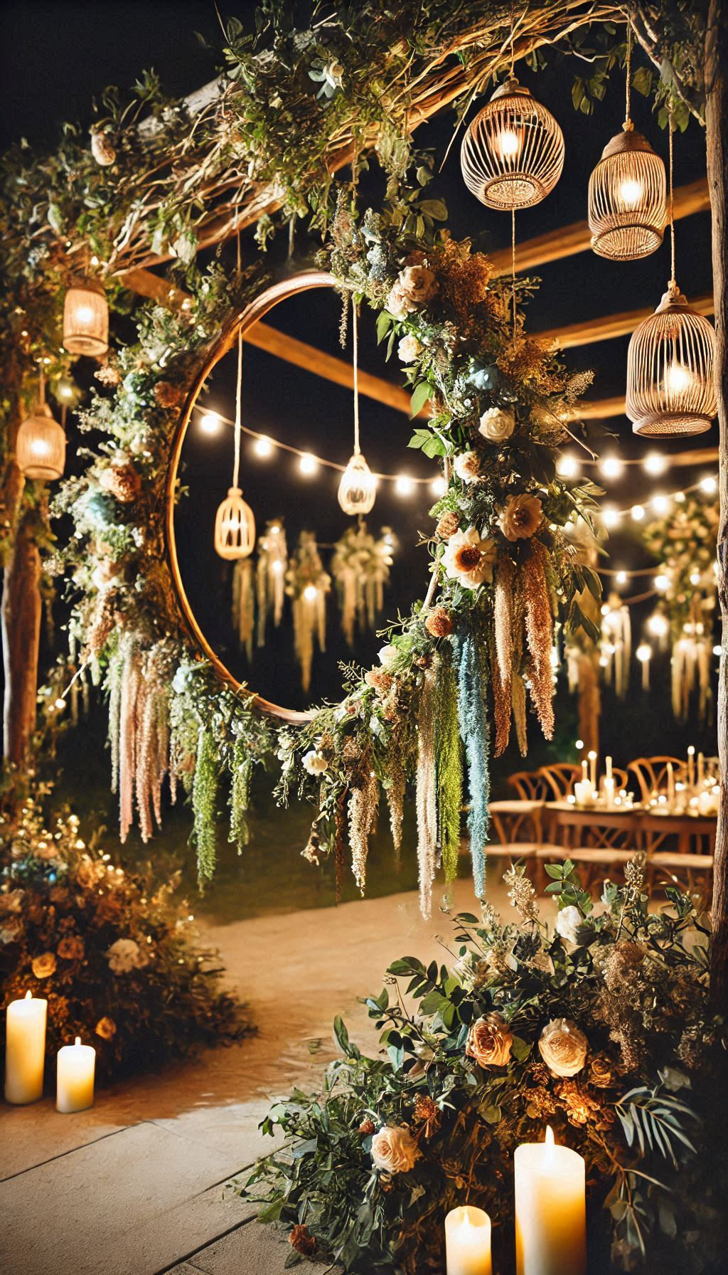 Ditch the ordinary and embrace the charm of hanging floral hoops! Lush greenery makes them a rustic wedding showstopper.