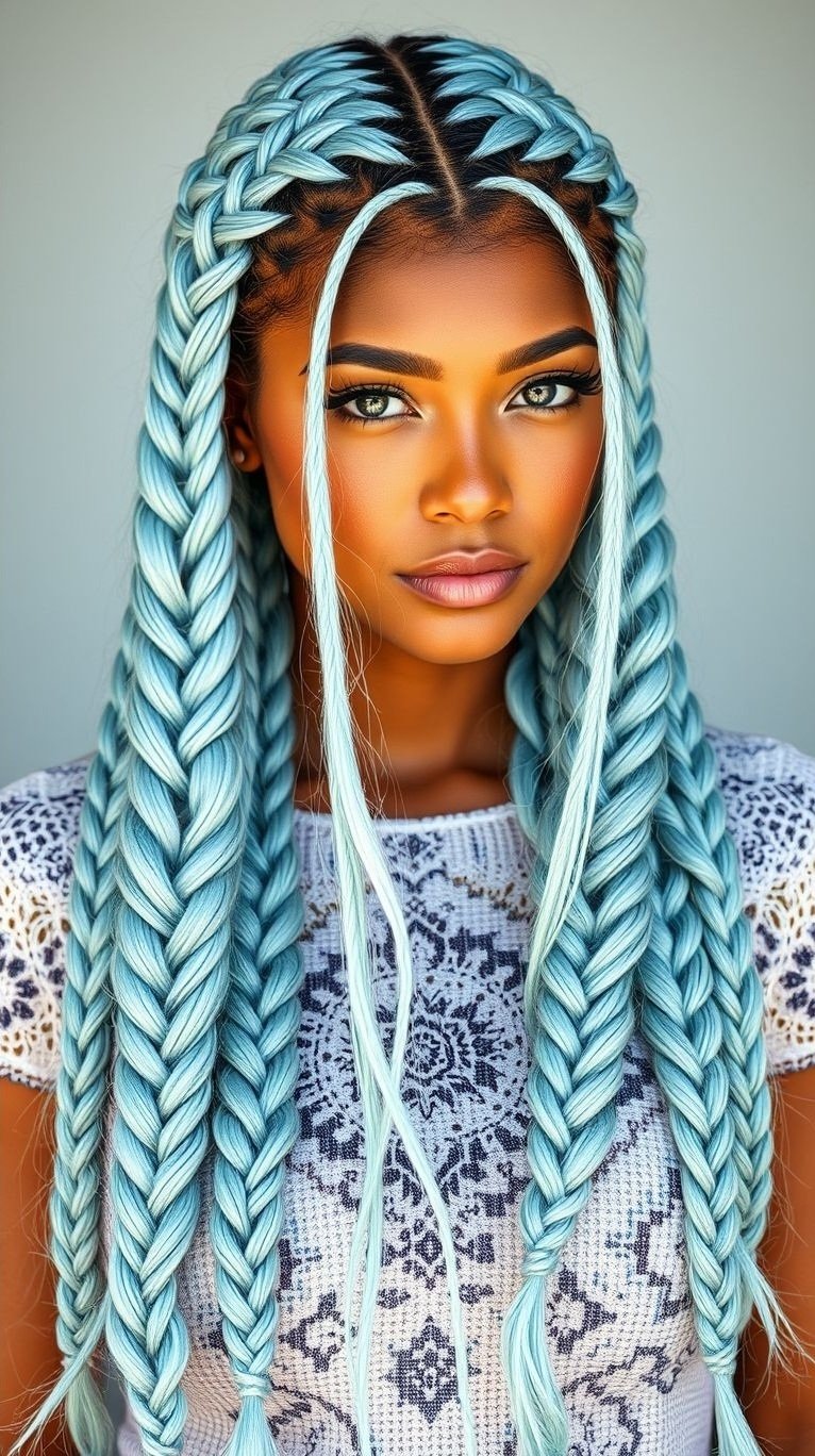 Let your hair shimmer like frozen crystal with ice blue braids! Stylish, bold, and packed with cool energy for an unforgettable look.