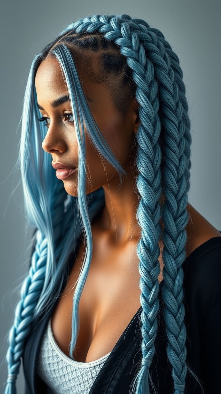 Freeze the spotlight with ice blue braids! Perfect for adding a hint of icy elegance and sleek modern vibes to your hairstyle.