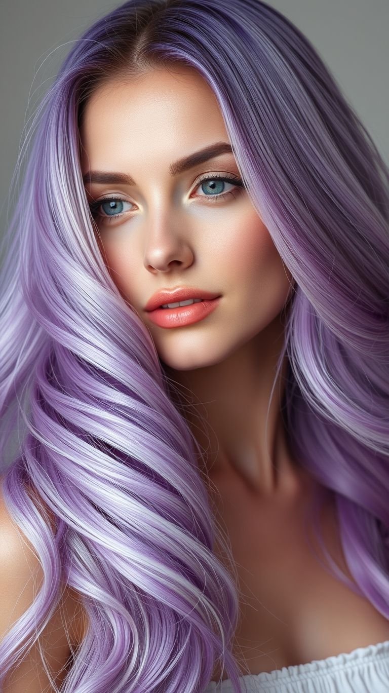 Hair Color Inspirations: 100+ Daring Must-Have Shades That Shine | Pocoko Think soft yet striking with lavender long hair! This pastel hue adds a touch of gentle drama to your everyday style.