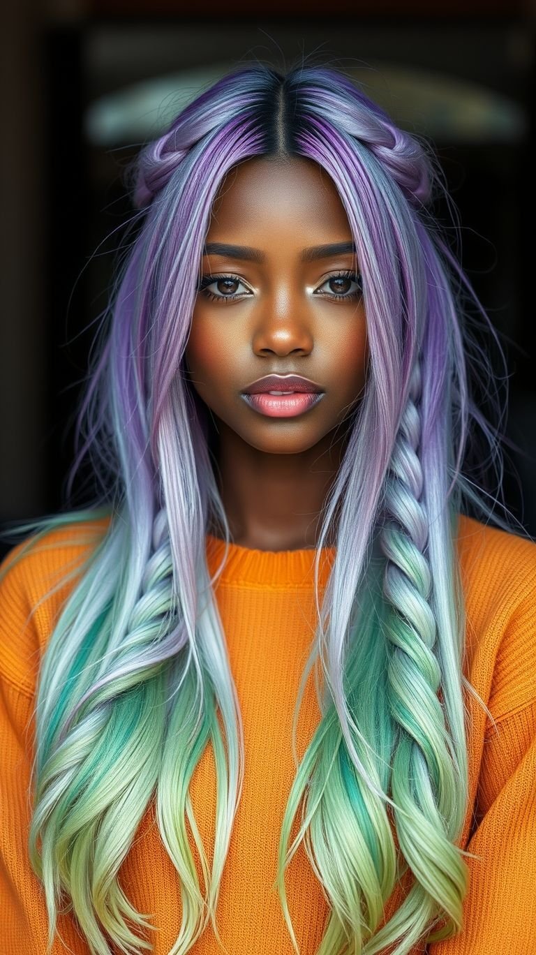 Lavender mint and silver braids bring a fresh twist to multi-colored hairstyles. Sophisticated and playful, they’re pure hair art!