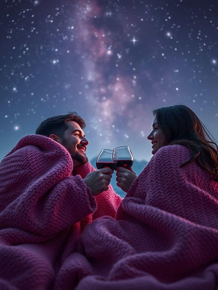 Under a starry, mesmerizing night sky, a couple in a pink aesthetic shares a peaceful moment. With every star that twinkles, their love shines just a little brighter—making the world feel as soft and beautiful as the pink tones surrounding them.