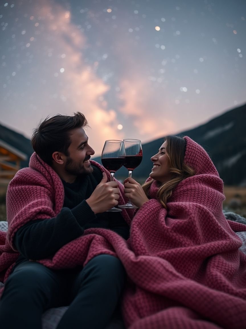 A dreamy couple beneath a mesmerizing night sky, all wrapped up in a soft pink glow—this aesthetic is straight out of a love story. It’s the perfect mix of cosmic wonder and intimate warmth.