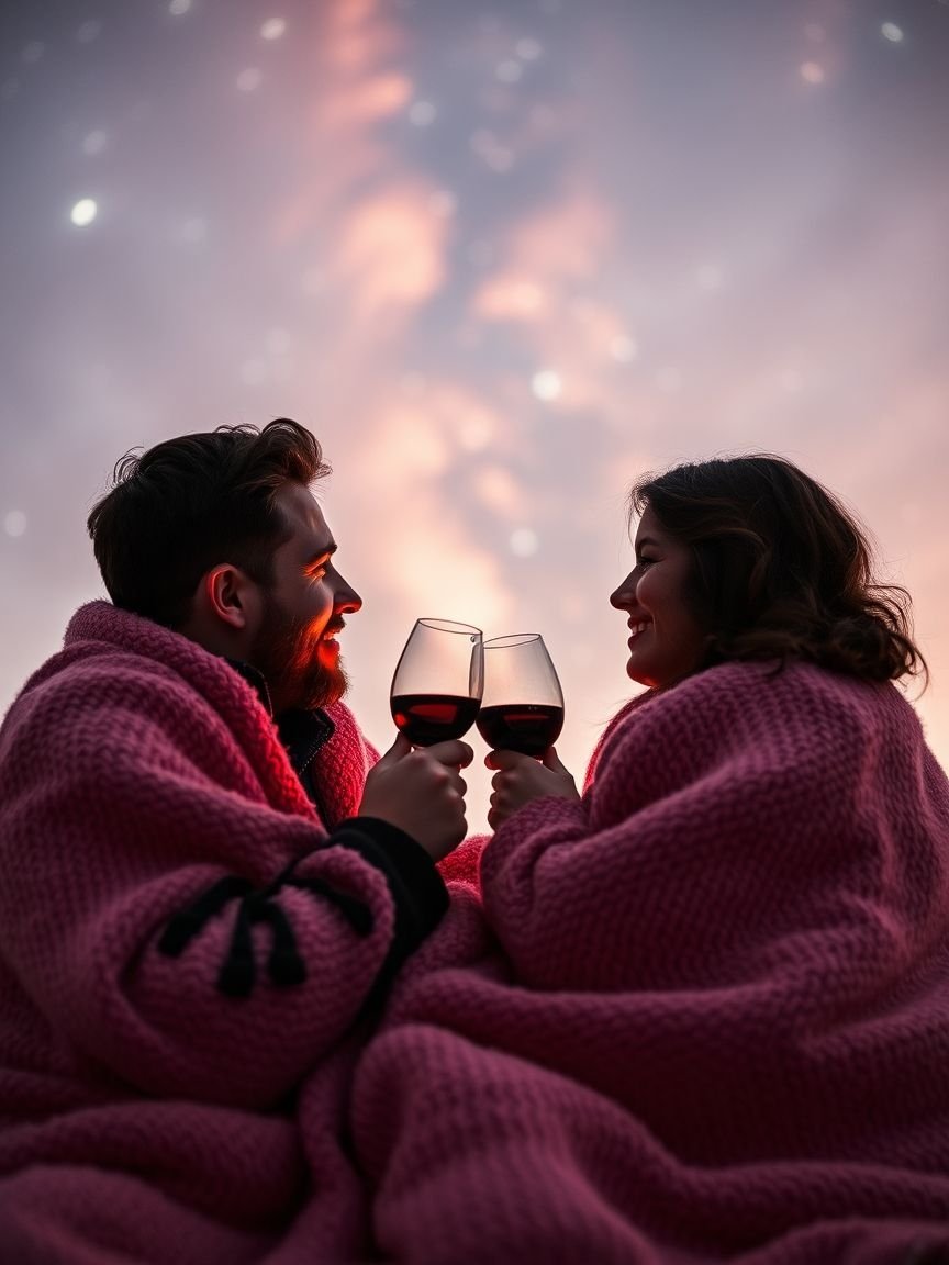 Imagine a couple wrapped in each other’s arms under a mesmerizing night sky, bathed in a soft pink glow. This aesthetic brings the beauty of the cosmos into your heart, making every moment with loved ones feel extra special.