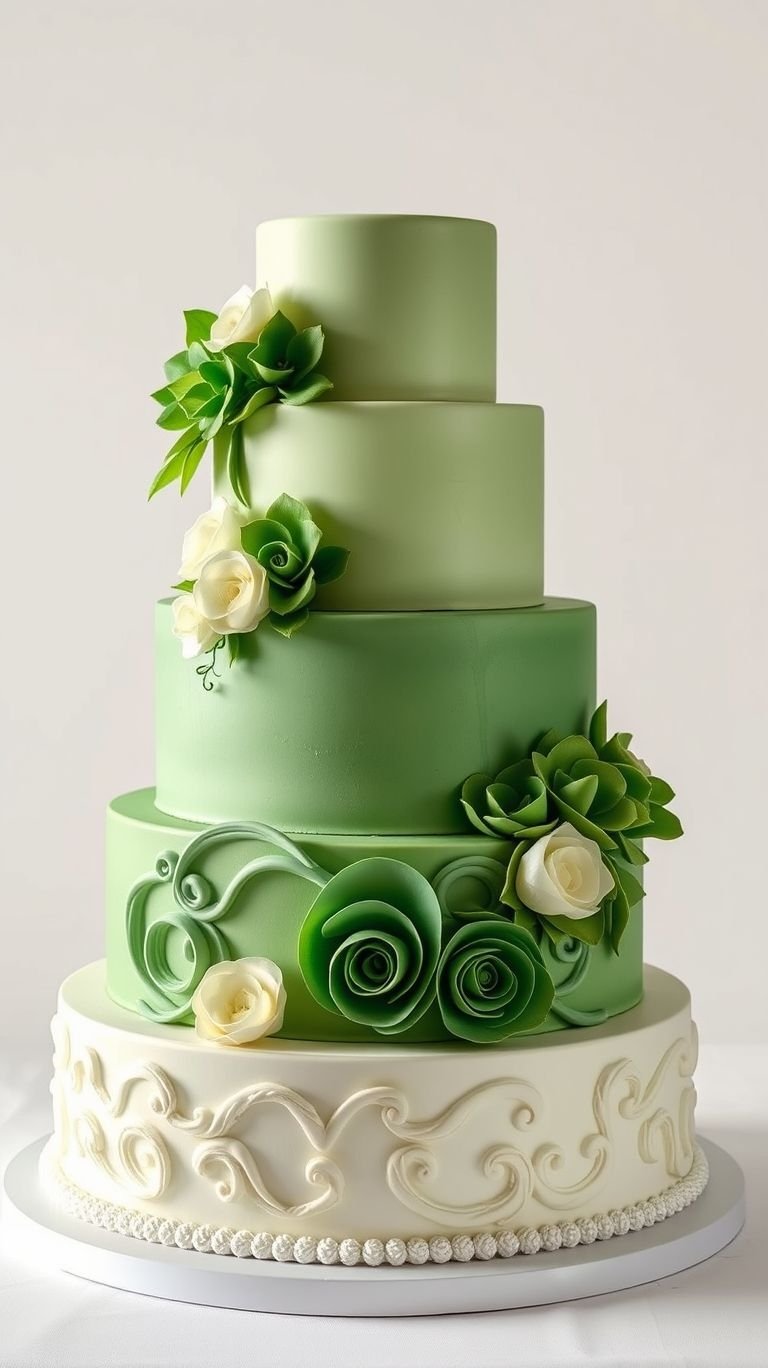 Say ‘I do’ to pastel green wedding cakes! Soft, refreshing hues meet intricate designs for a dessert centerpiece that wows.