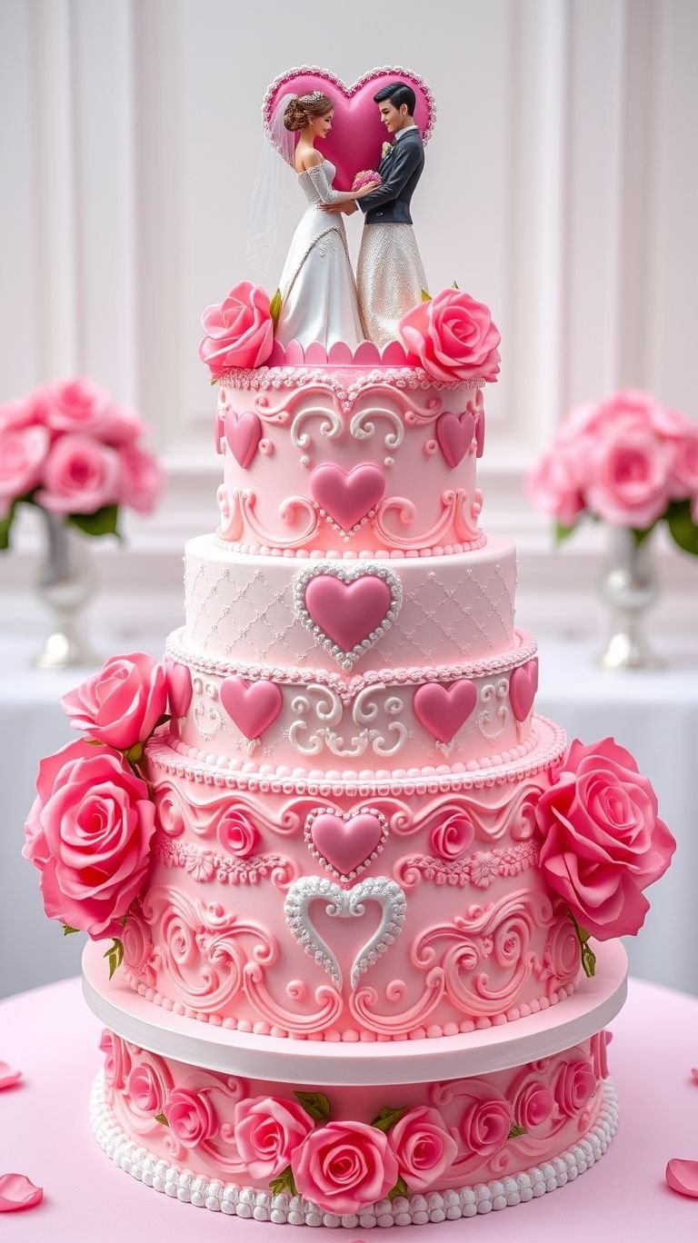 Romance comes to life with pink wedding cakes adorned with hearts and roses! Sweet, elegant, and made for a fairytale celebration.