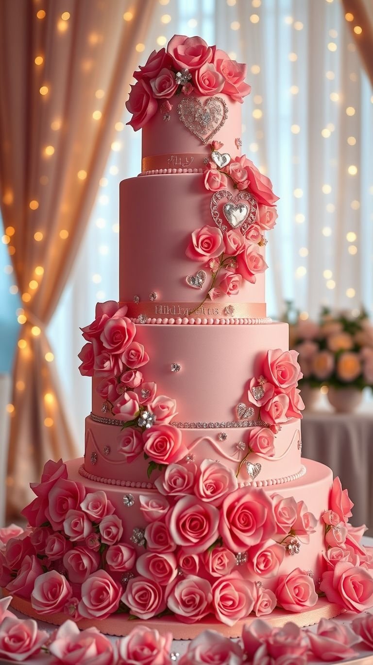 Pink wedding cakes with hearts and roses are a dessert dream come true. Sweet, sophisticated, and full of romantic vibes!