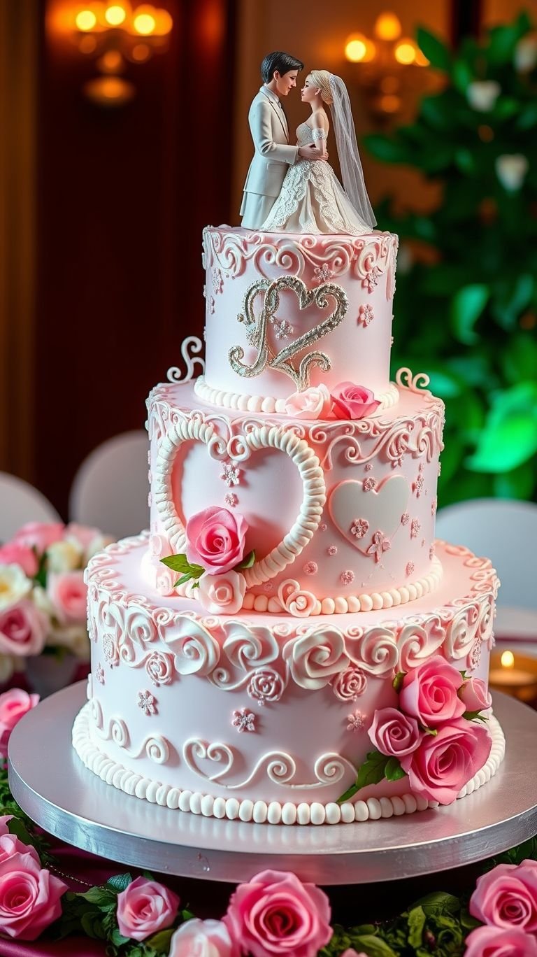 Delicate roses, romantic hearts, and a pink hue—these wedding cakes are the ultimate ode to love and sweetness.