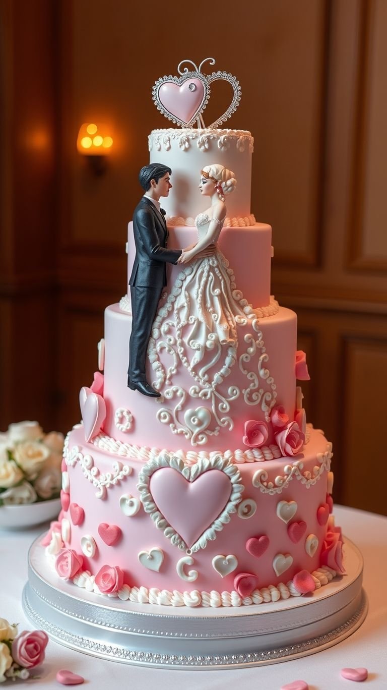 Bring a touch of romance to your wedding with pink cakes adorned with hearts and roses. A timeless design for a love-filled day!