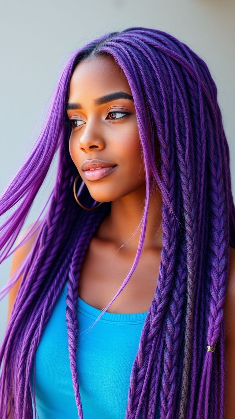 Step into a world of bold contrasts with purple-green braids! This vibrant duo is perfect for turning heads and making a playful yet stylish statement.