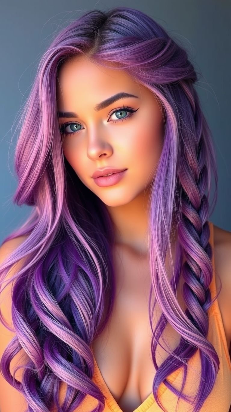 Purple-green braids bring a magical fusion of cool and vibrant tones! A hairstyle that’s as daring and unique as your personality.