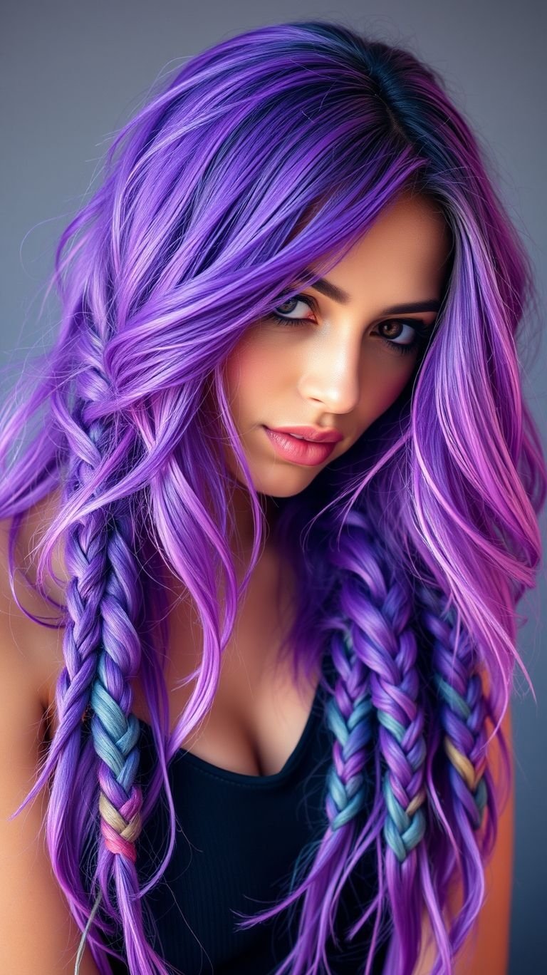 Let your locks channel creativity with purple-green braids! A bold mix of shades that adds a touch of fantasy to your everyday style.